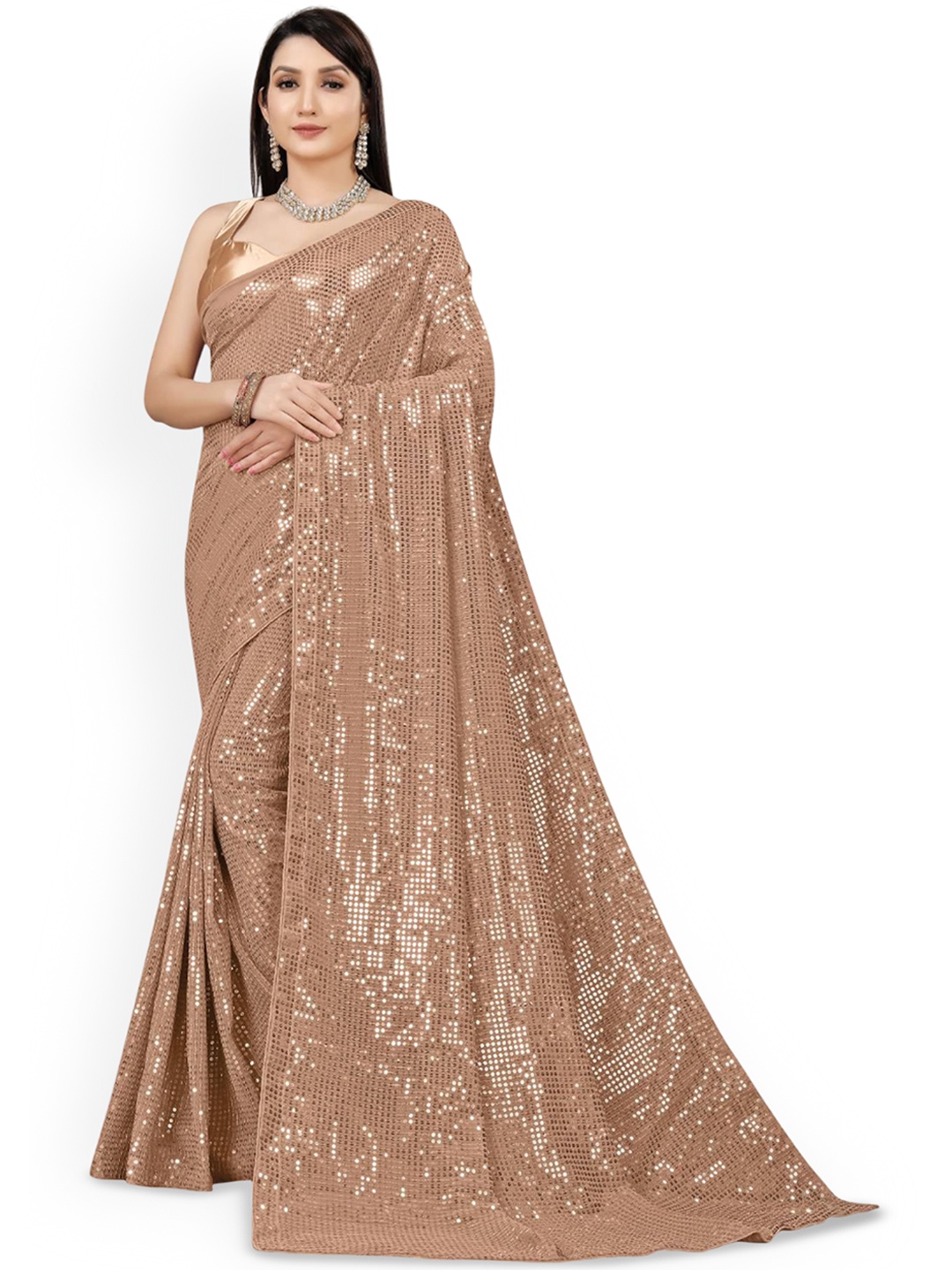 

THE52 Embellished Sequinned Saree With Blouse, Brown