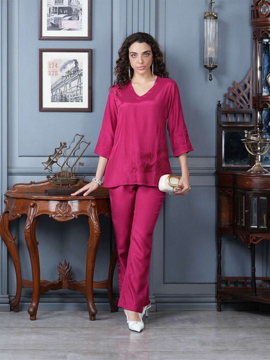 

JISORA Pure Silk Tunic With Trousers Co-Ords, Pink