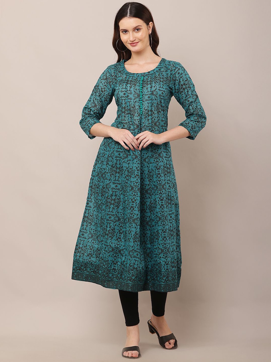 

DEGE Floral Printed Pleated Round Neck Pure Cotton Anarkali Kurta, Green