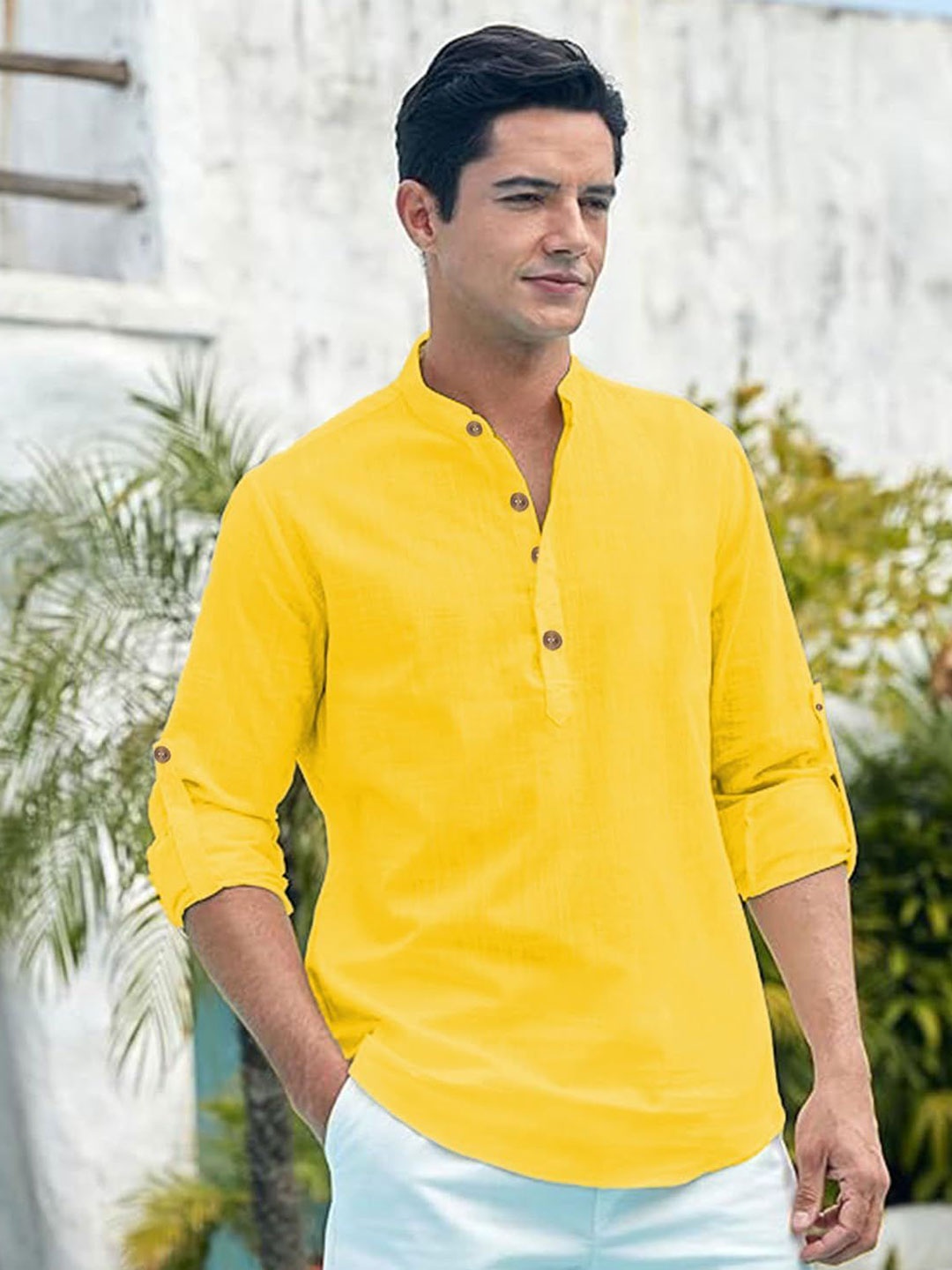 

EdinWolf Men India Slim Fit Mandarin Collar Solid Cotton Casual Shirt, Mustard