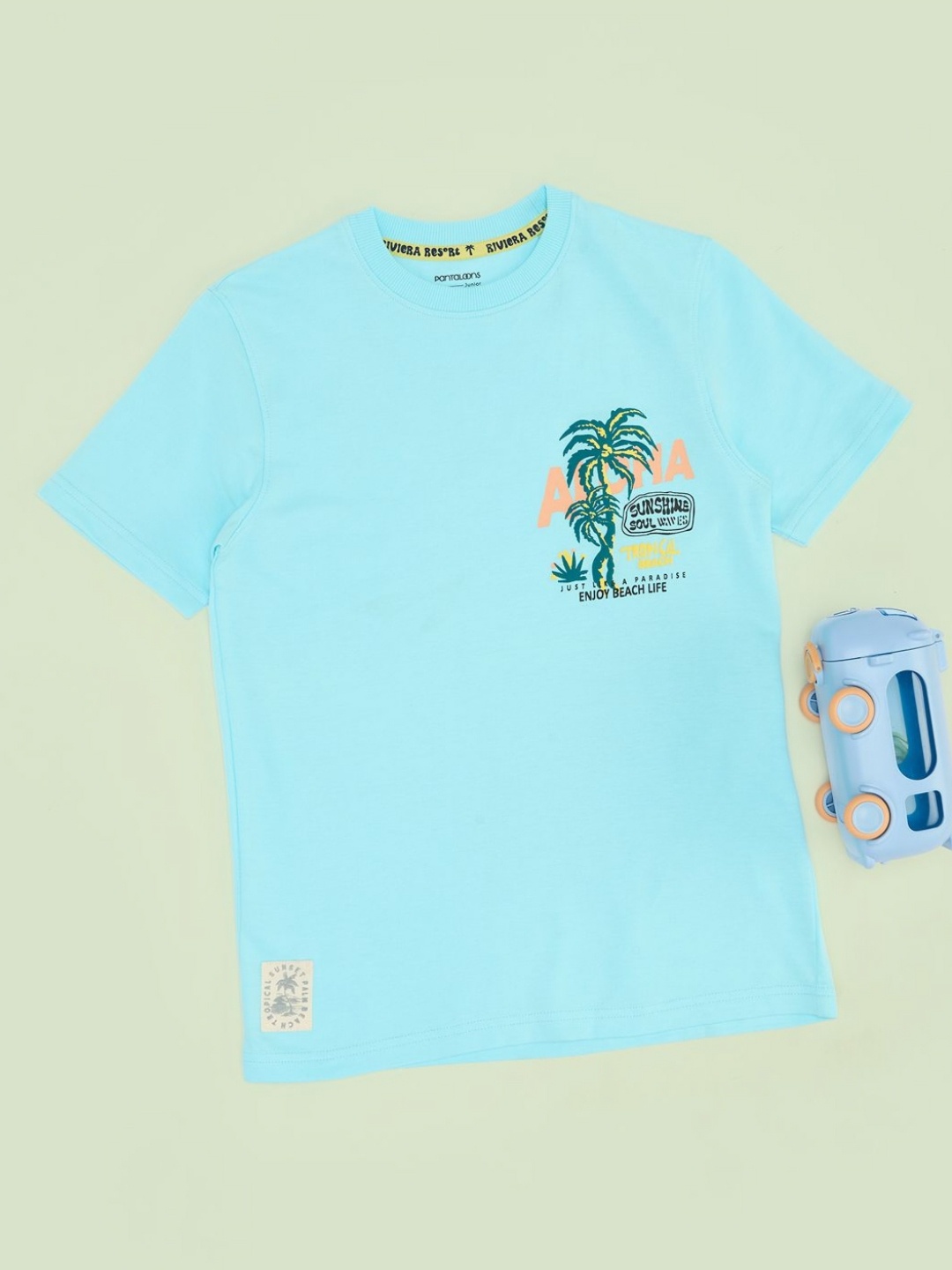 

Pantaloons Junior Boys Graphic Printed Round Neck Cotton T-shirt, Turquoise blue