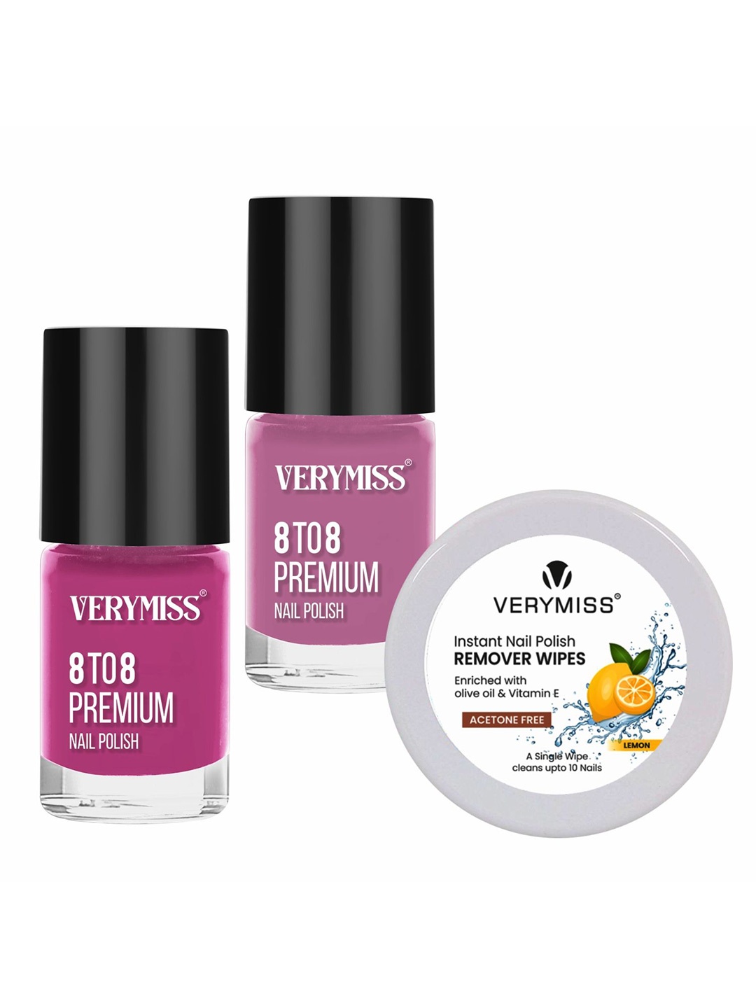 

VERYMISS Set Of 3 8 To 8 Nail Polish - 6 ml Each - Shade 304-313 & Remover Wipes, Pink
