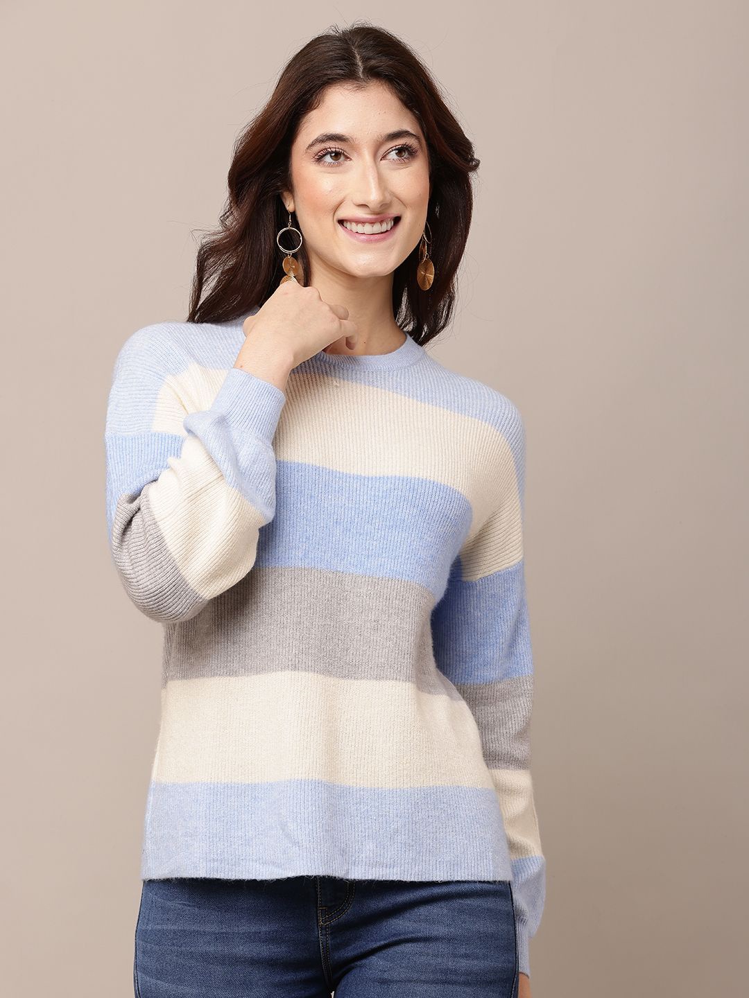 

NoBarr Women Colourblocked Woollen Pullover, Blue