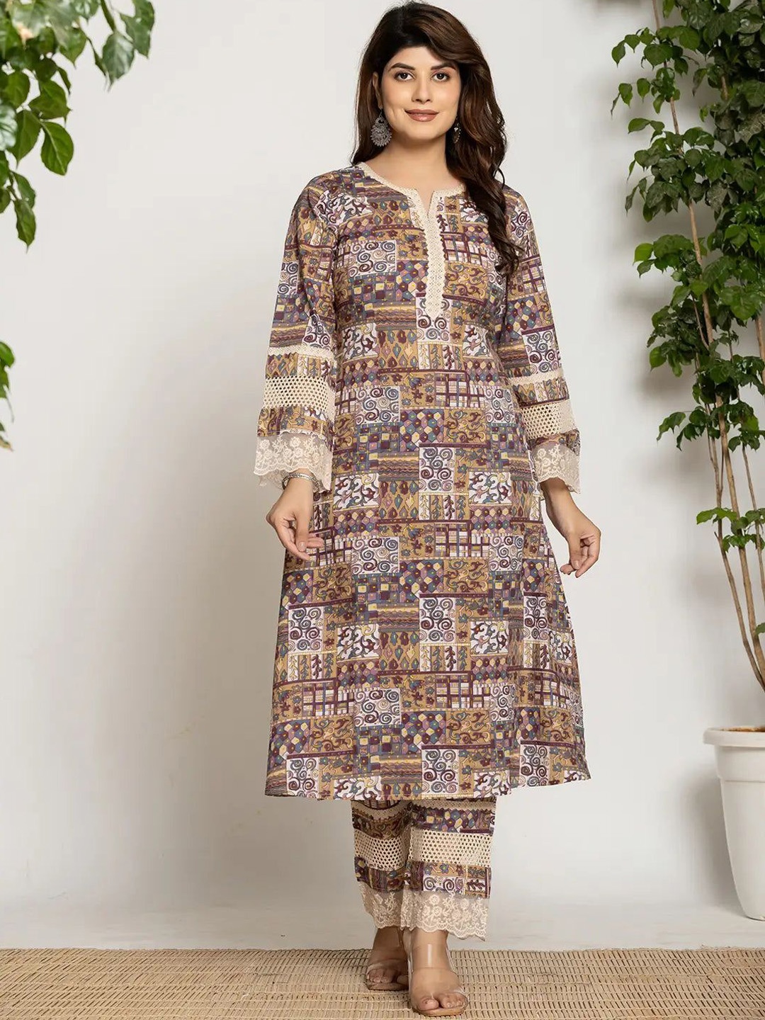 

MissKurti Geometric Printed Notch Neck Pure Cotton A-Line Kurta With Trouser, Beige