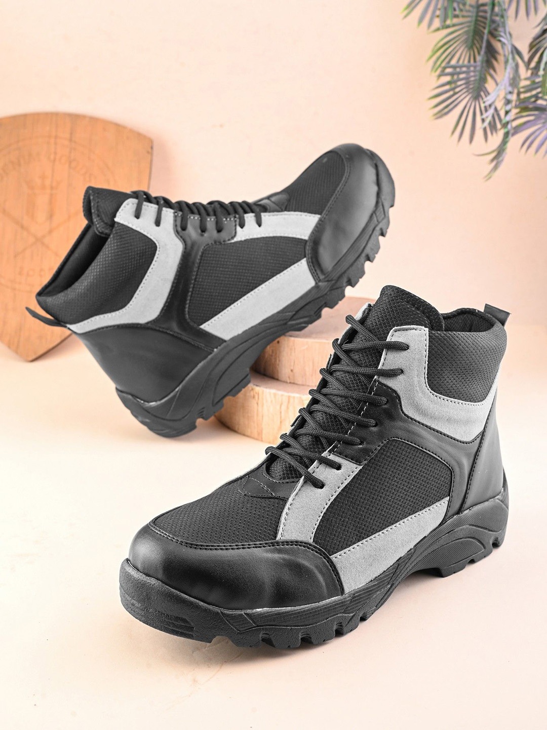 

The Roadster Lifestyle Co Men Block-Heeled Lace-Ups Biker Boots, Black