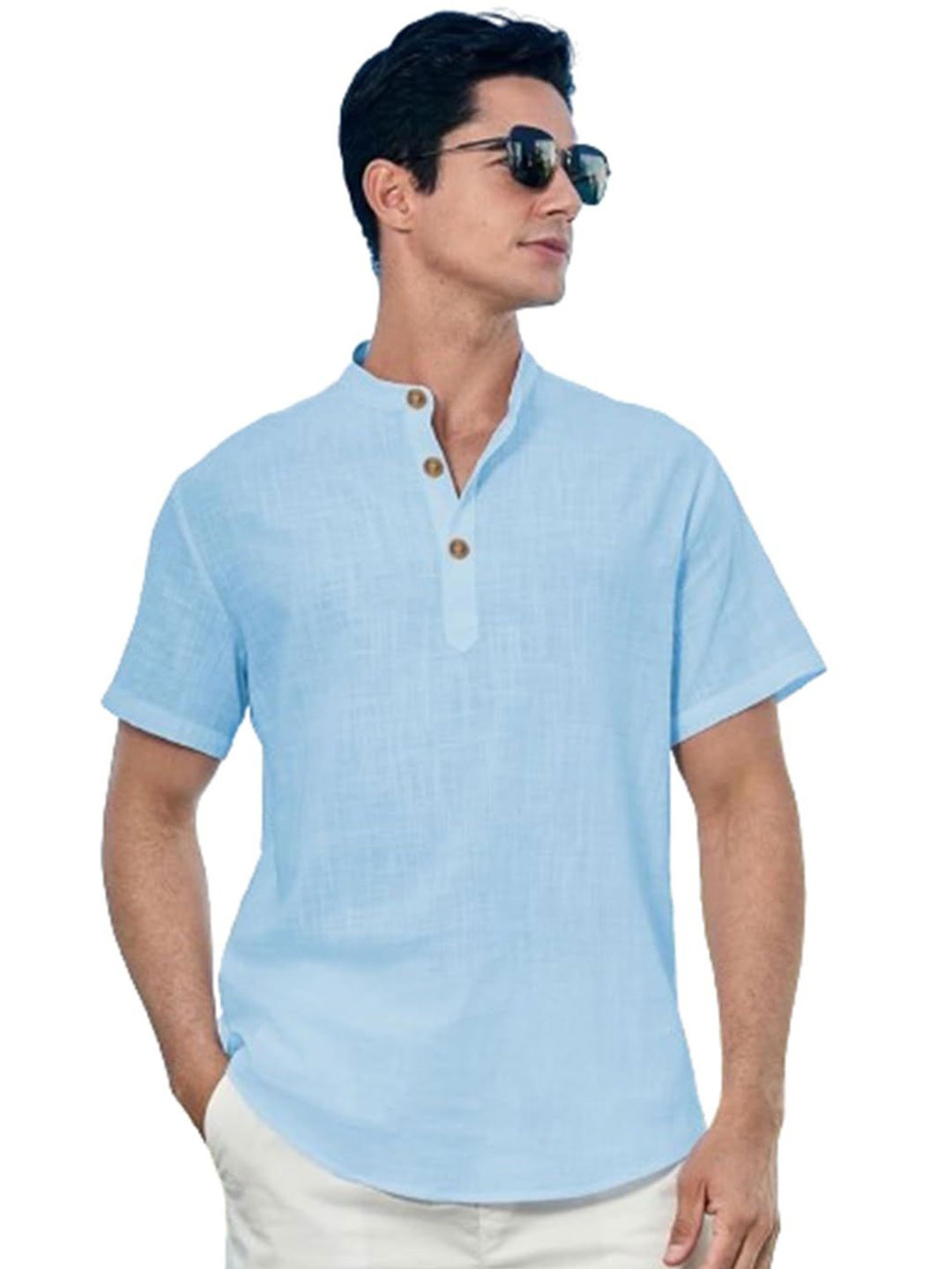 

EdinWolf Men India Slim Fit Band Collar Solid Cotton Casual Shirt, Blue