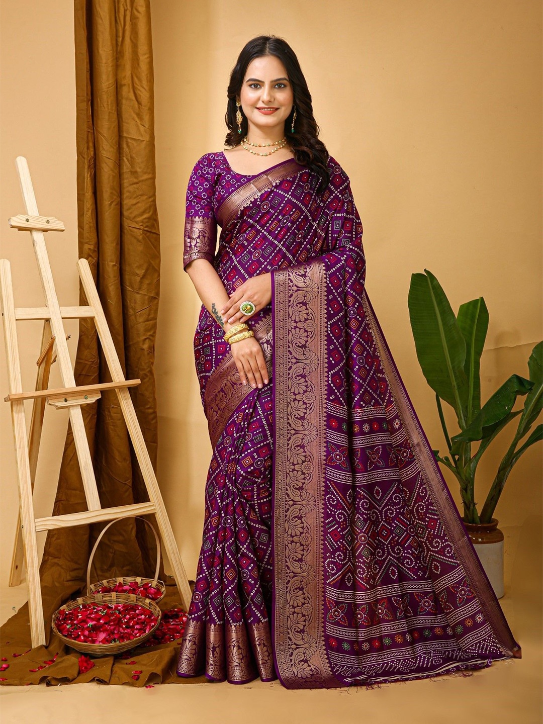 

KALINI Bandhani Print Zari Kanjeevaram Saree, Purple