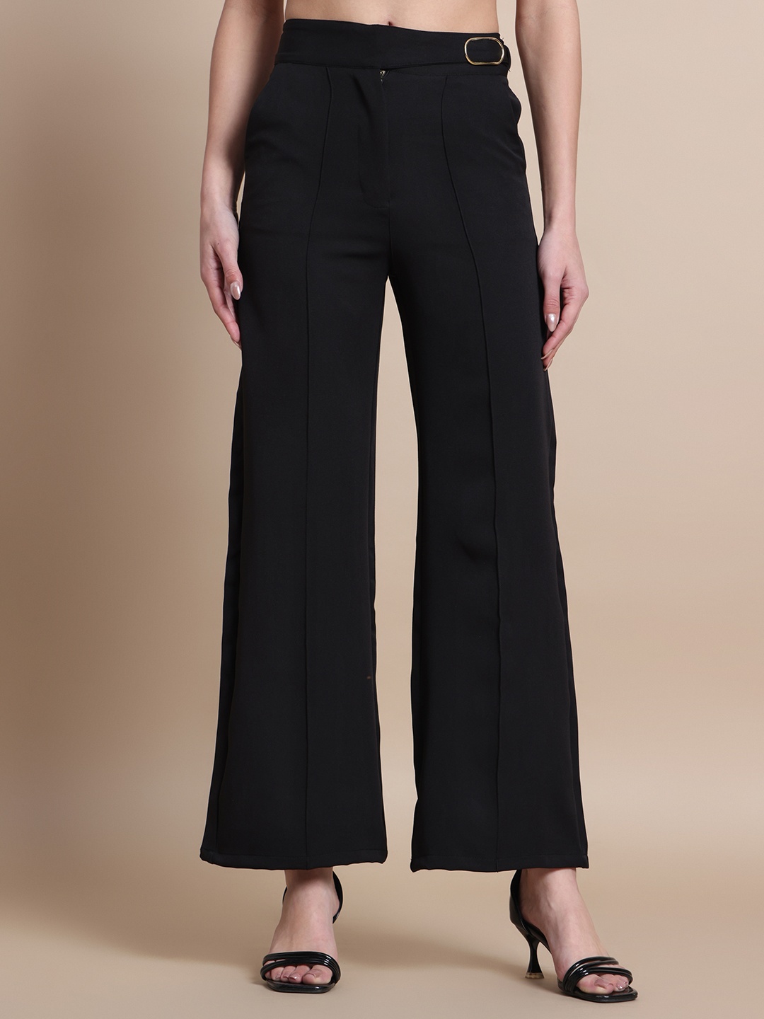 

Clevion Women Relaxed Loose Fit High-Rise Easy Wash Trousers, Black