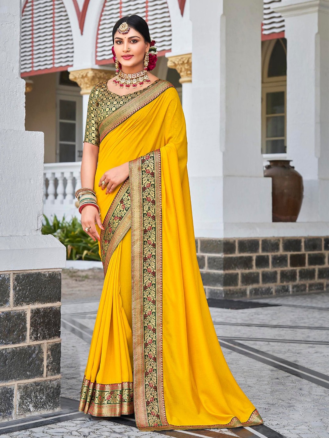 

MAHALASA Woven Design Pure Silk Lace Border Saree, Yellow