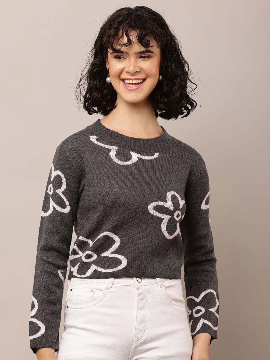 

NoBarr Women Floral Printed Pullover, Grey