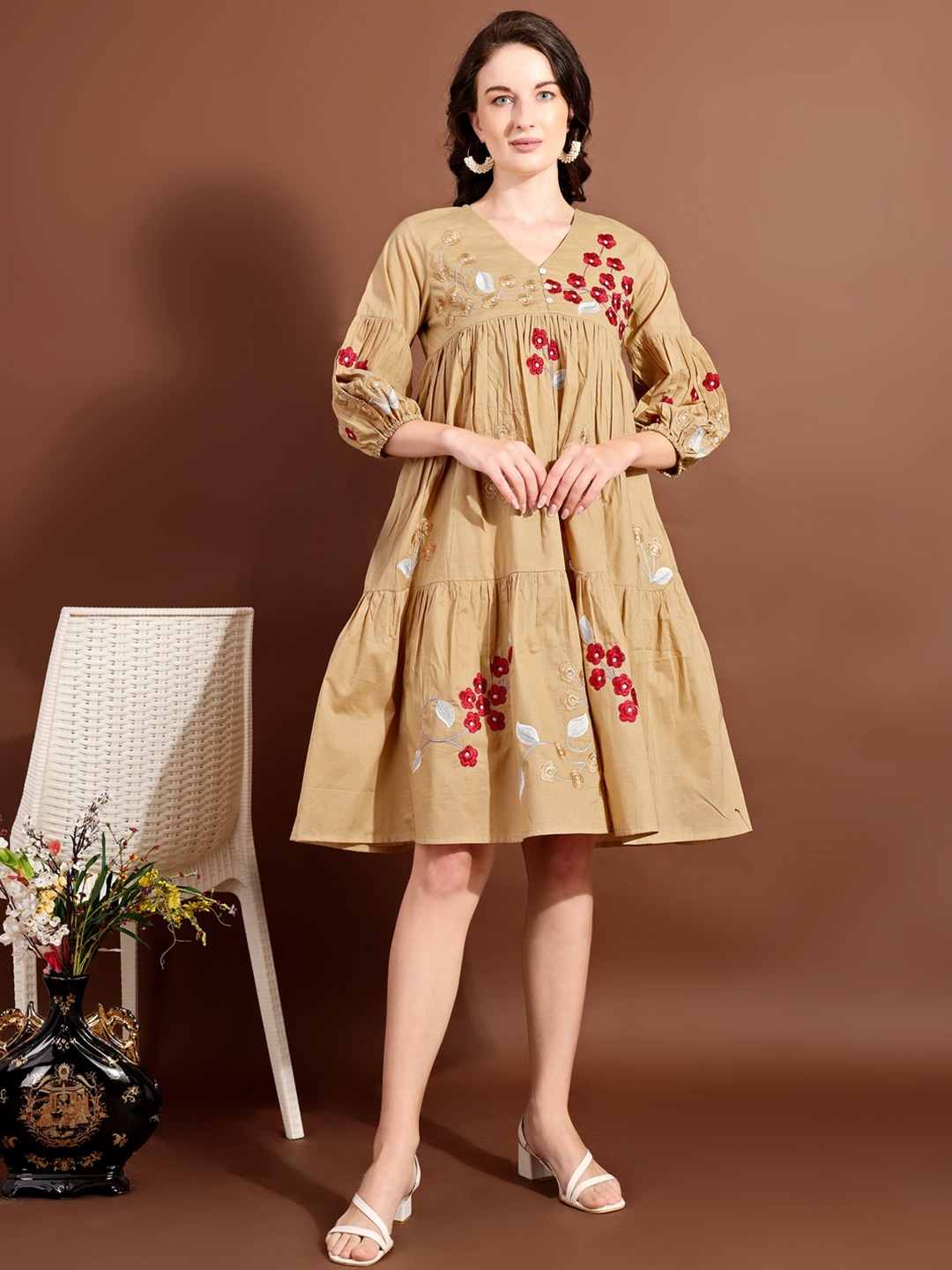 

Tikhi Imli Women Embroidered Cotton Empire Dress, Beige