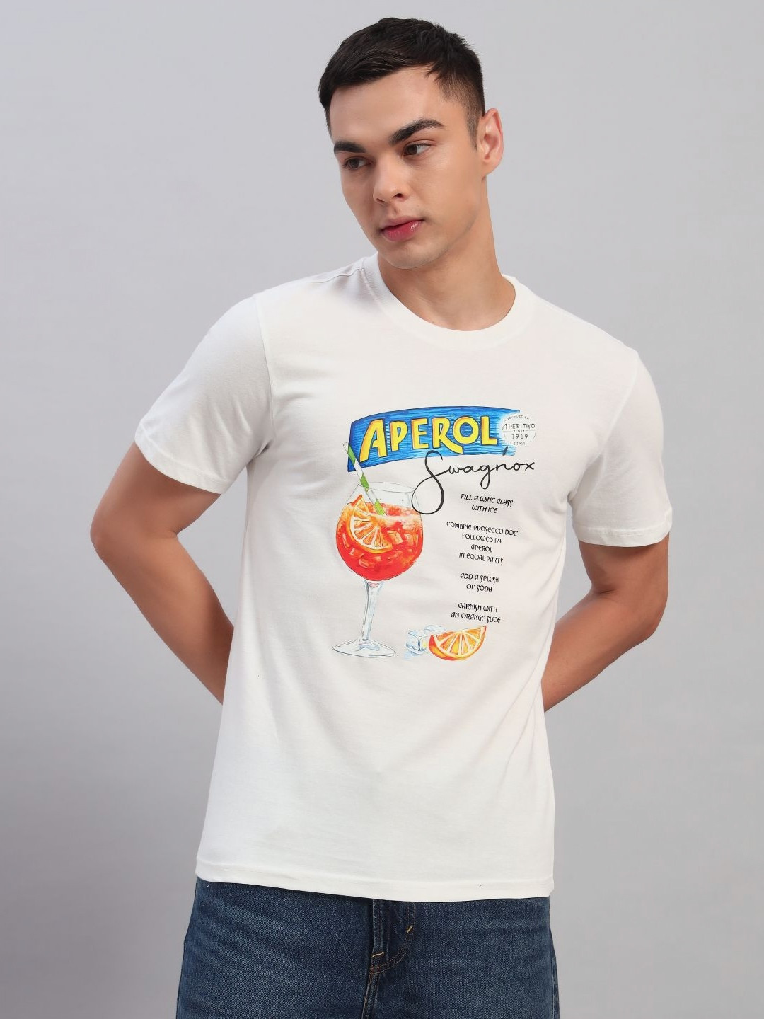 

SWAGNOX Men Typography Printed Round Neck Cotton Regular Fit T-shirt, White