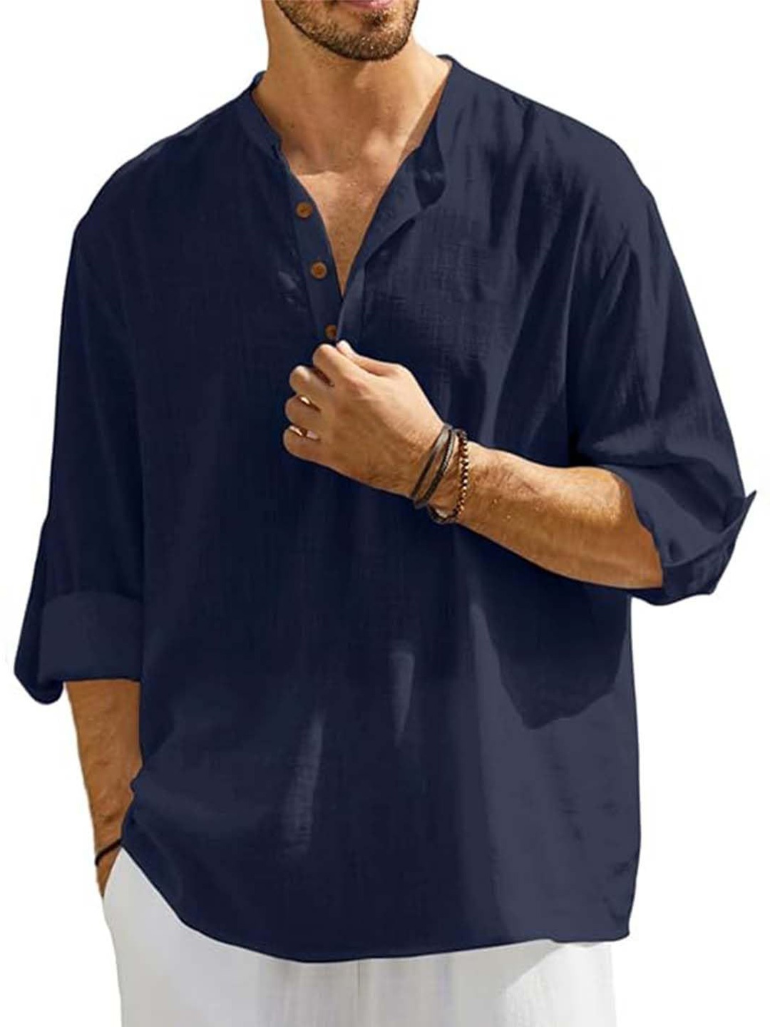

EdinWolf Men India Slim Fit Band Collar Solid Cotton Casual Shirt, Navy blue