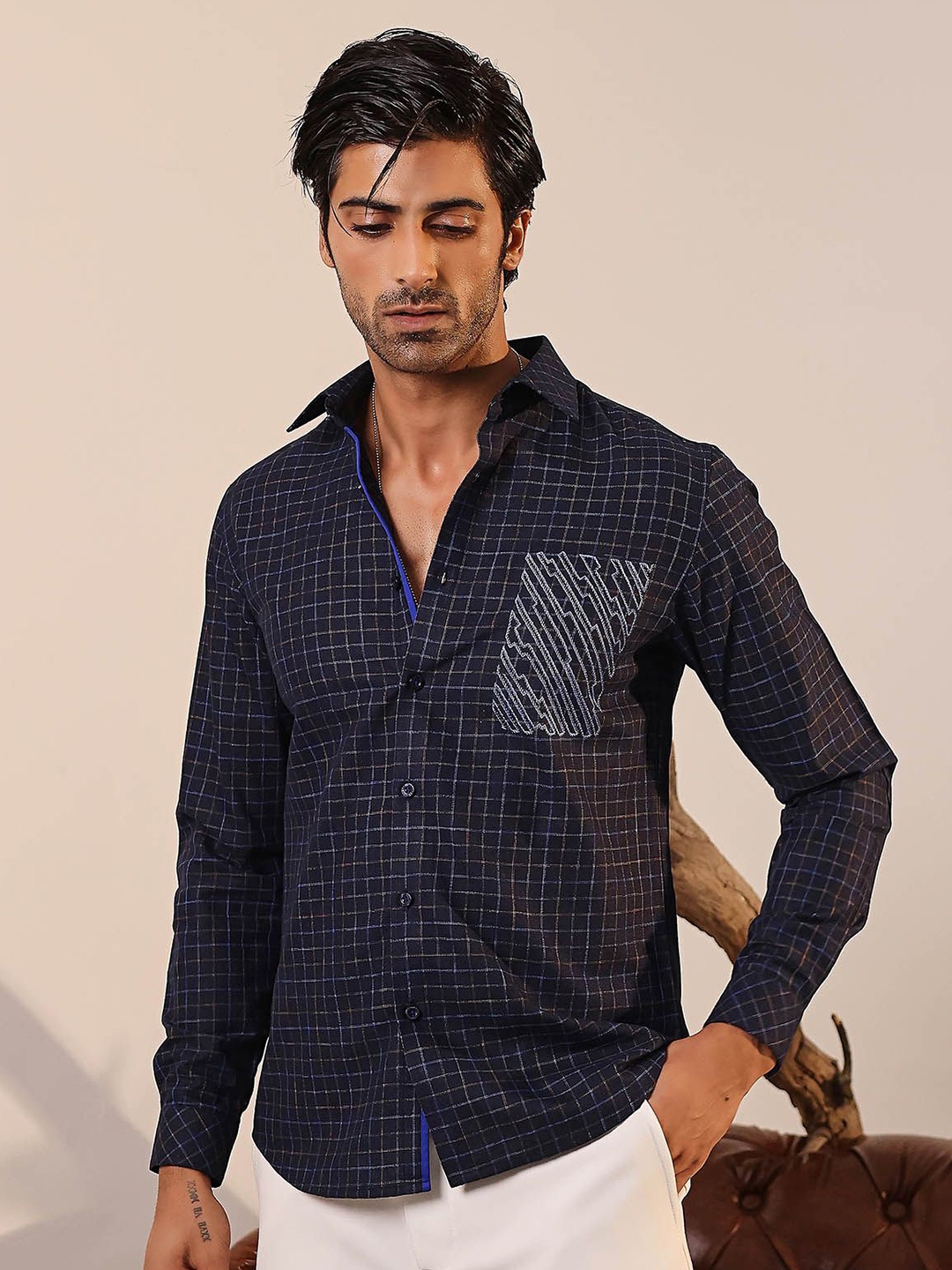 

ABKASA Men Classic Fit Grid Tattersall Checked Casual Shirt, Black