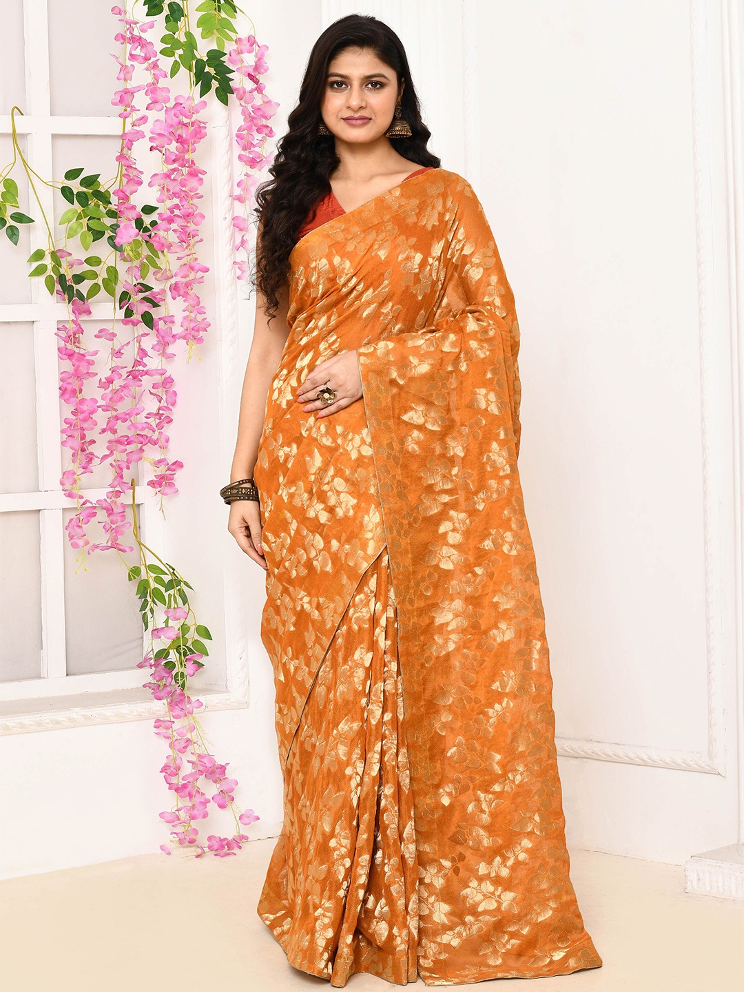 

THREAD SAGA Floral Print Saree, Mustard