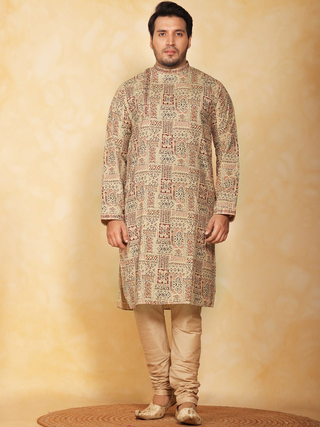 

KHAAS Ethnic Motifs Printed Round Neck Cotton Silk Straight Kurta, Beige