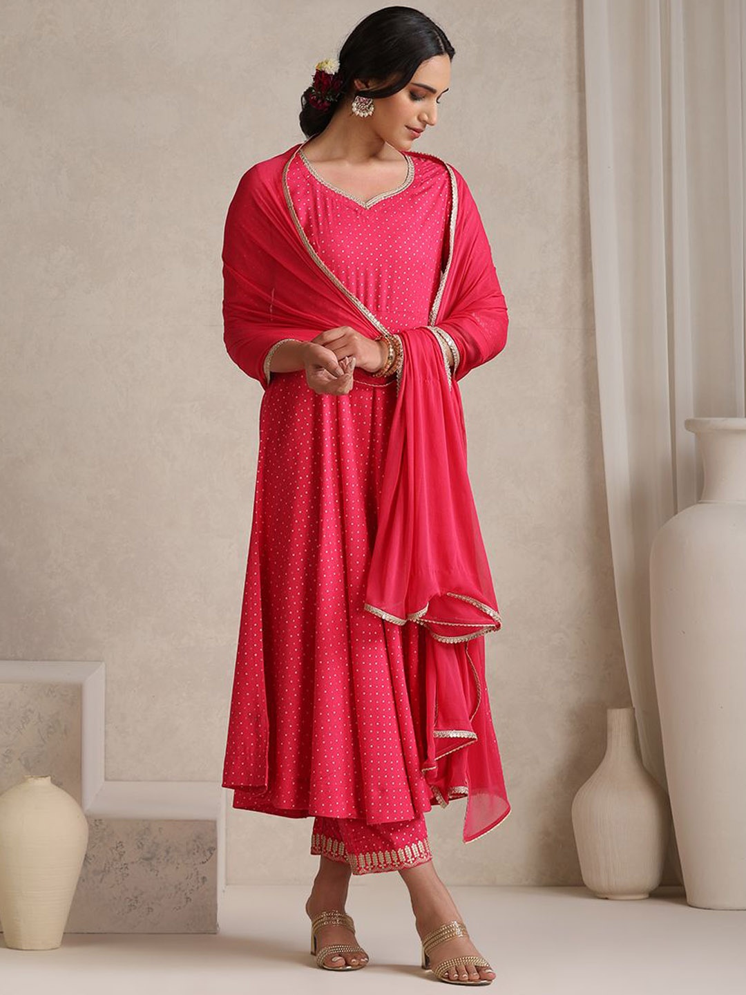 

Khushal K Bandhani Printed Zari A-Line Kurta With Trousers And Dupatta, Pink
