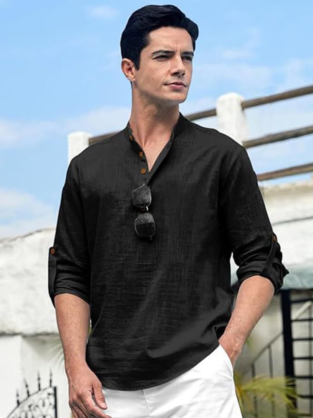 

EdinWolf Men India Slim Fit Mandarin Collar Solid Cotton Casual Shirt, Black