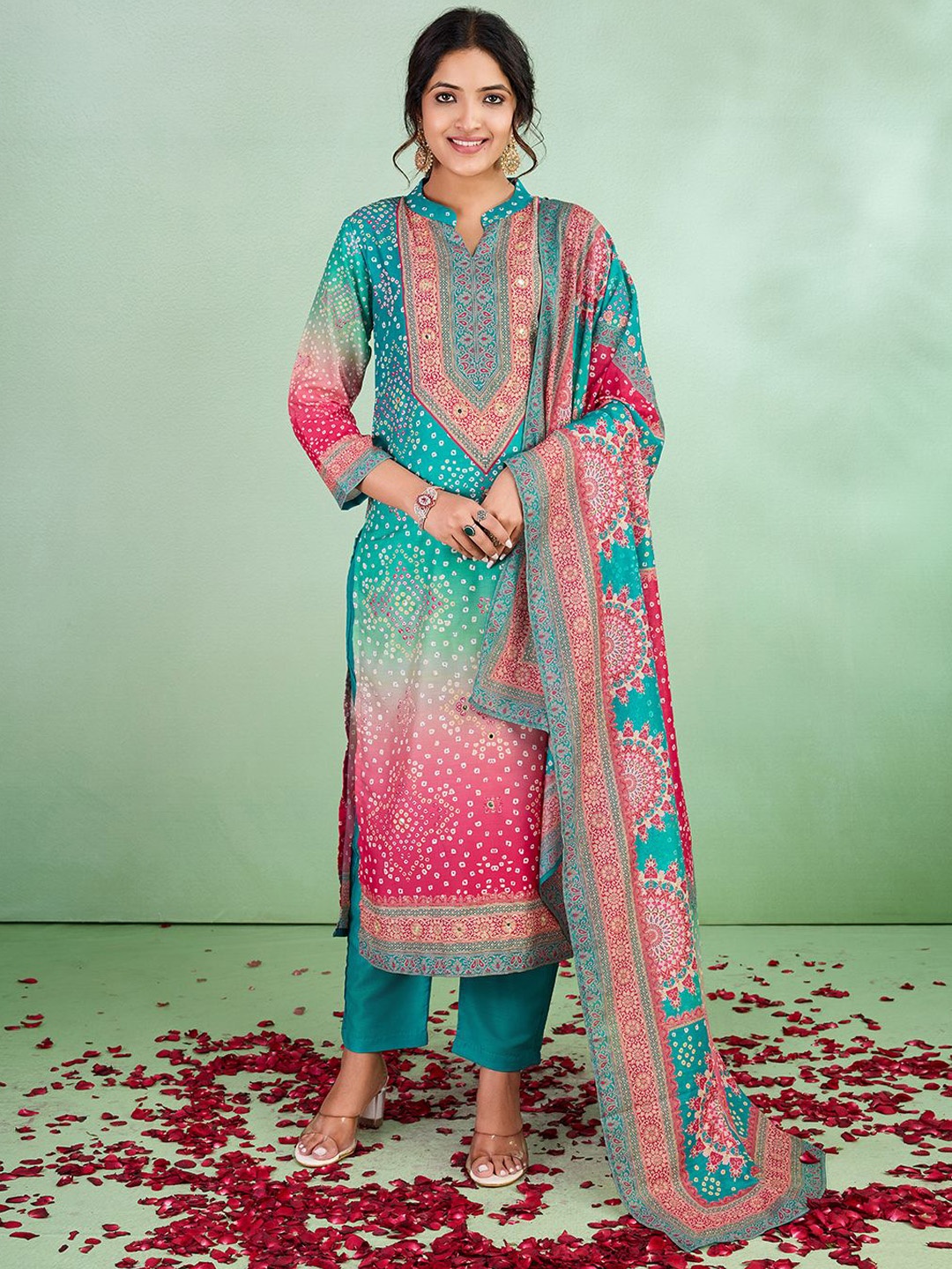

SUAAC Bandhani Printed Mandarin Collar Straight Kurta With Trousers And Dupatta, Turquoise blue