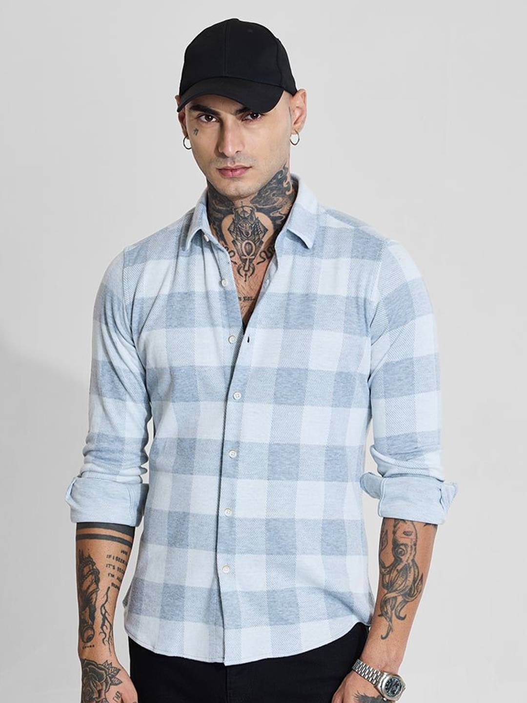 

Snitch Men Smart Slim Fit Spread Collar Grid Tattersall Checked Casual Shirt, Blue