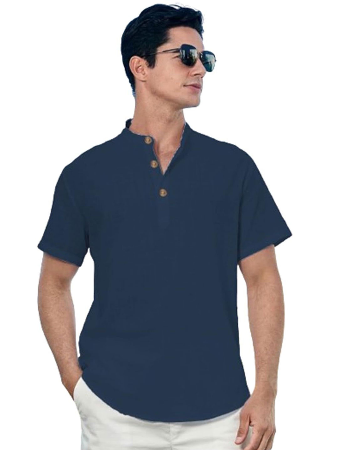 

EdinWolf Men India Slim Fit Band Collar Solid Cotton Casual Shirt, Navy blue