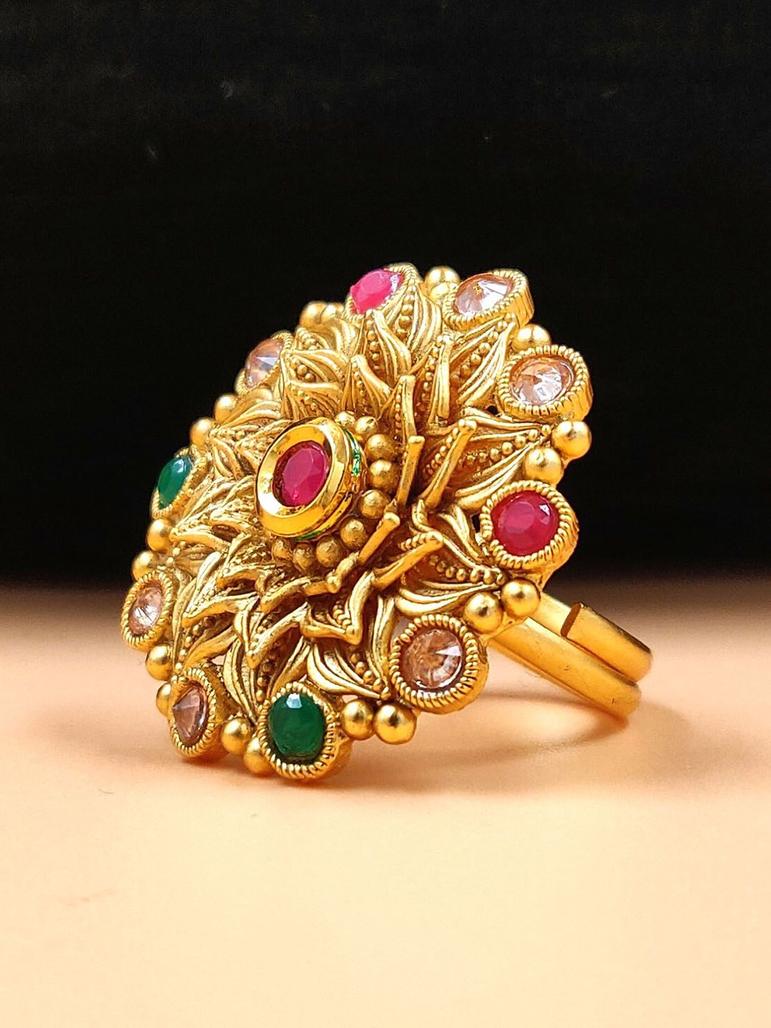 

JYONA Gold-Plated Stone-Studded Adjustable Finger Ring