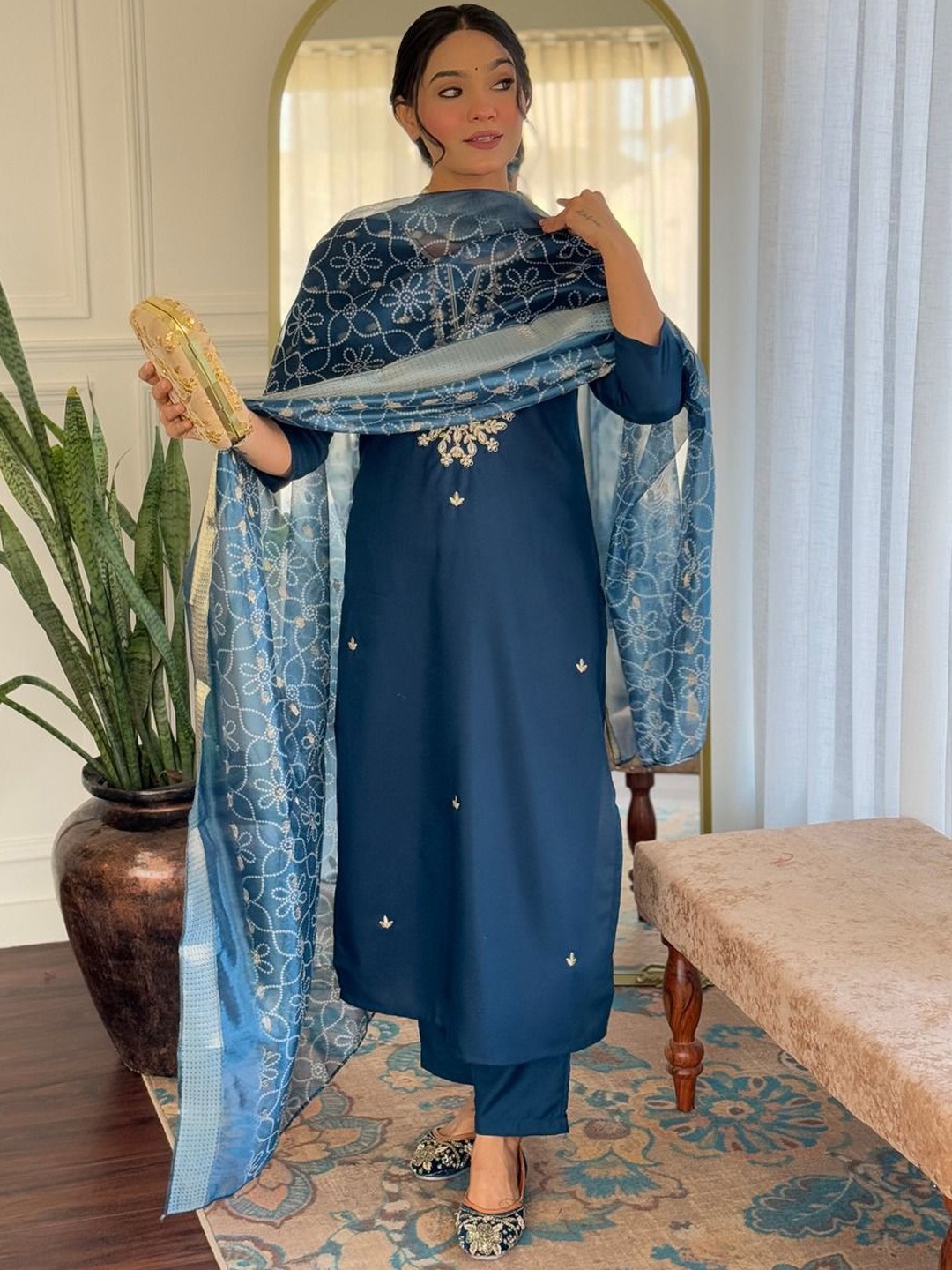 

KALINI Embroidered Straight Sequinned Kurta With Trousers And Dupatta, Teal