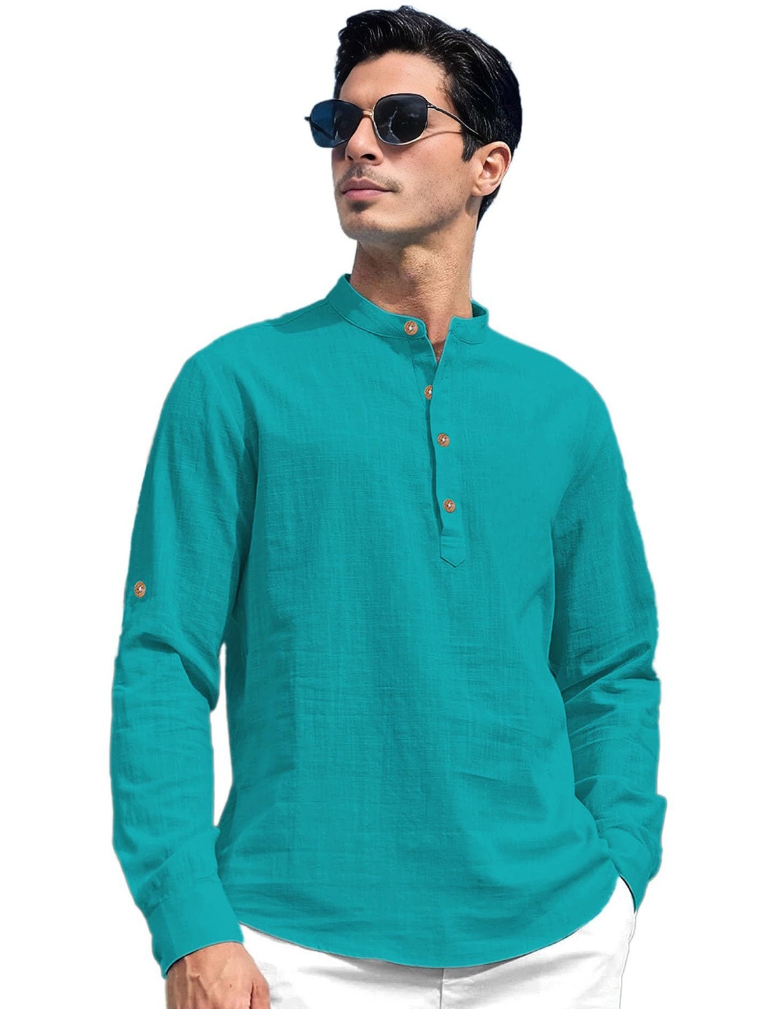 

EdinWolf Men India Slim Fit Mandarin Collar Solid Cotton Casual Shirt, Turquoise blue