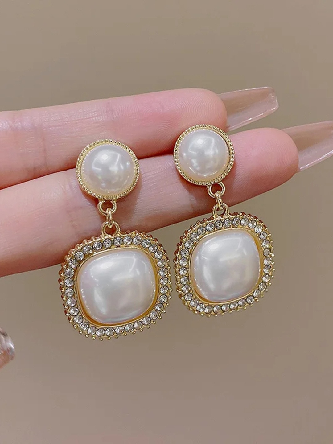 

Celestique Korean Gold Plated Pearls Contemporary Drop Earrings, White