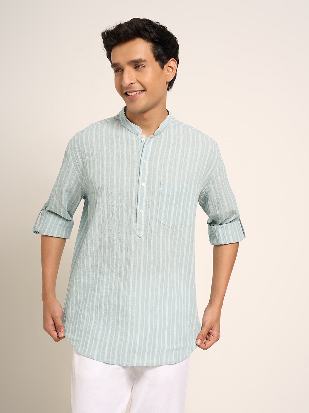 

indus route by Pantaloons Striped Printed Mandarin Collar Straight Kurta, Blue
