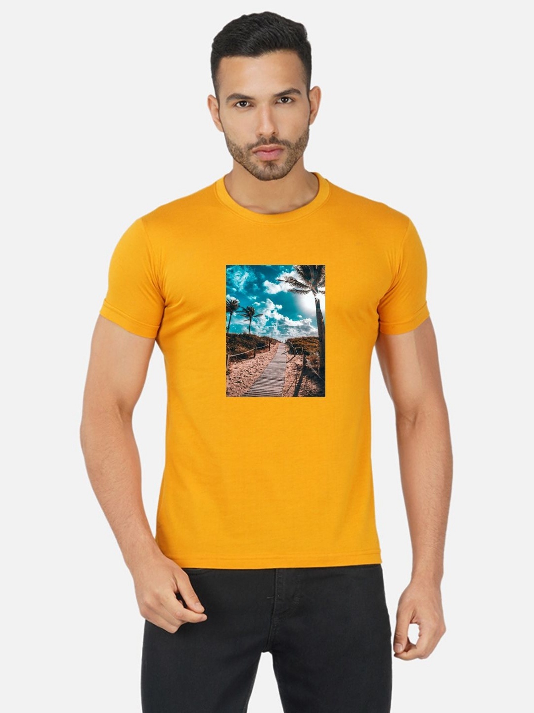 

Moda Rapido Men Bio Finish Graphic Printed Round Neck Cotton T-shirt, Mustard