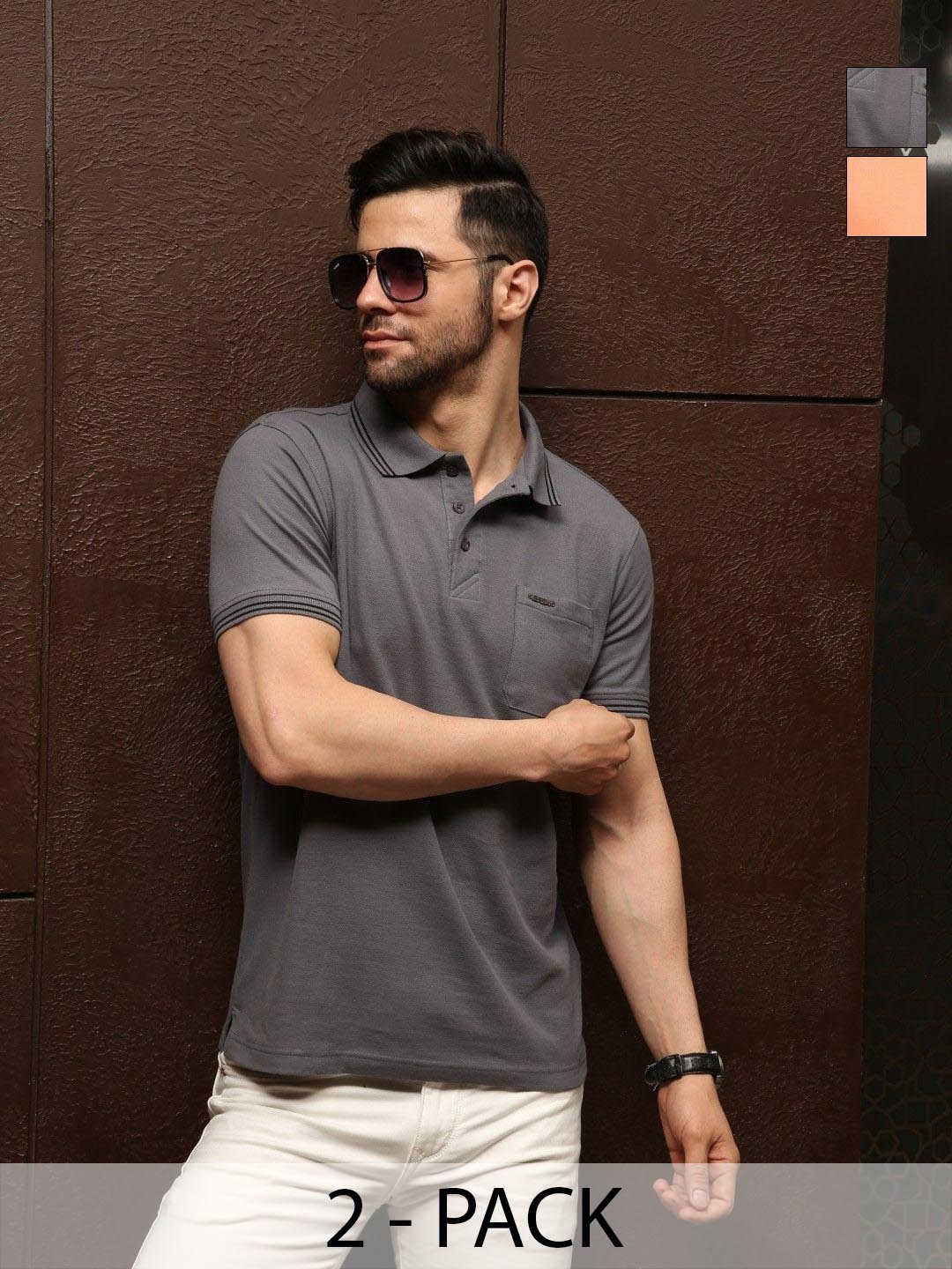 

EAZY Men Pack of 2 Solid Polo Collar T-shirts, Grey