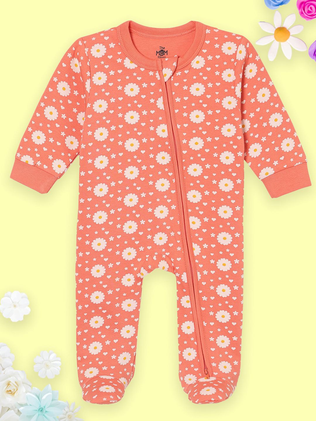 

The Mom Store Kids Printed Zipper Cotton Sleepsuit, Coral