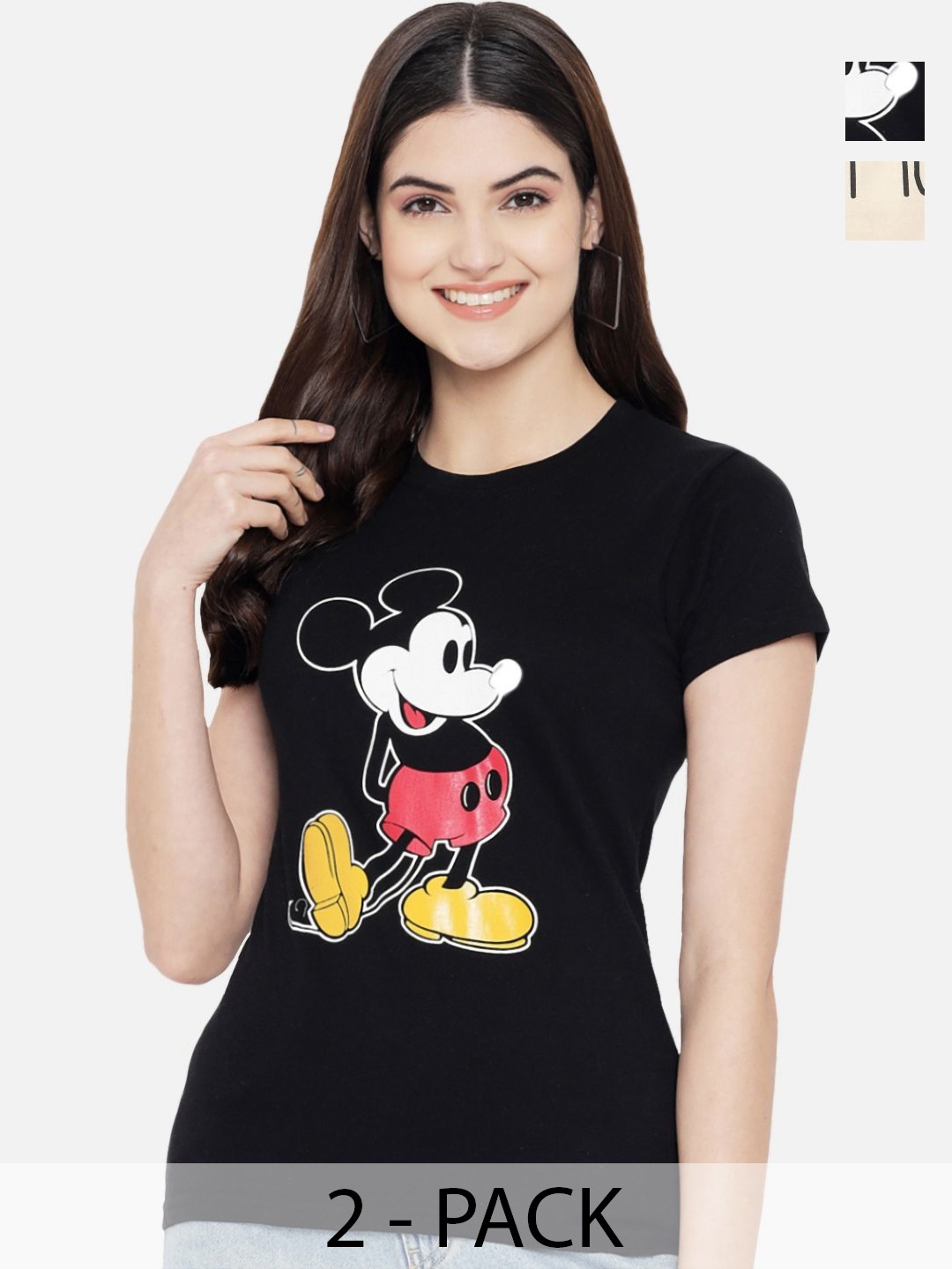 

Tromko Women Pack of 2 Mickey Mouse Typography Printed Cotton Regular Fit T-shirts, Black