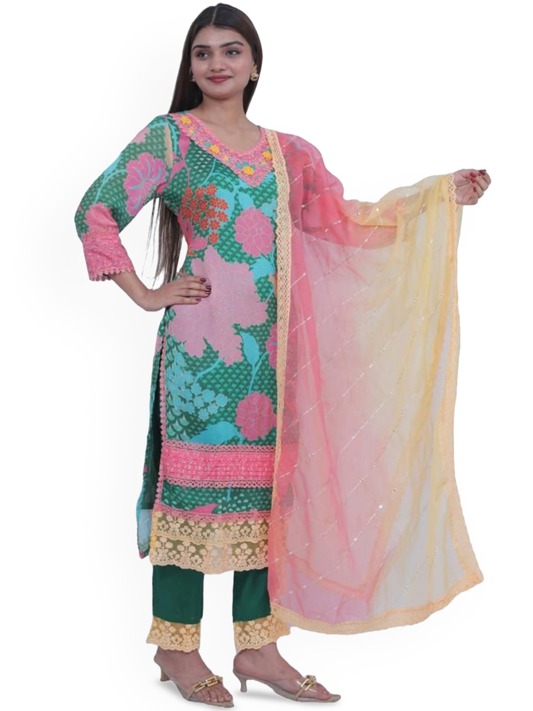 

Wavy Collection Floral Printed Straight Kurta with Trousers & Dupatta, Green