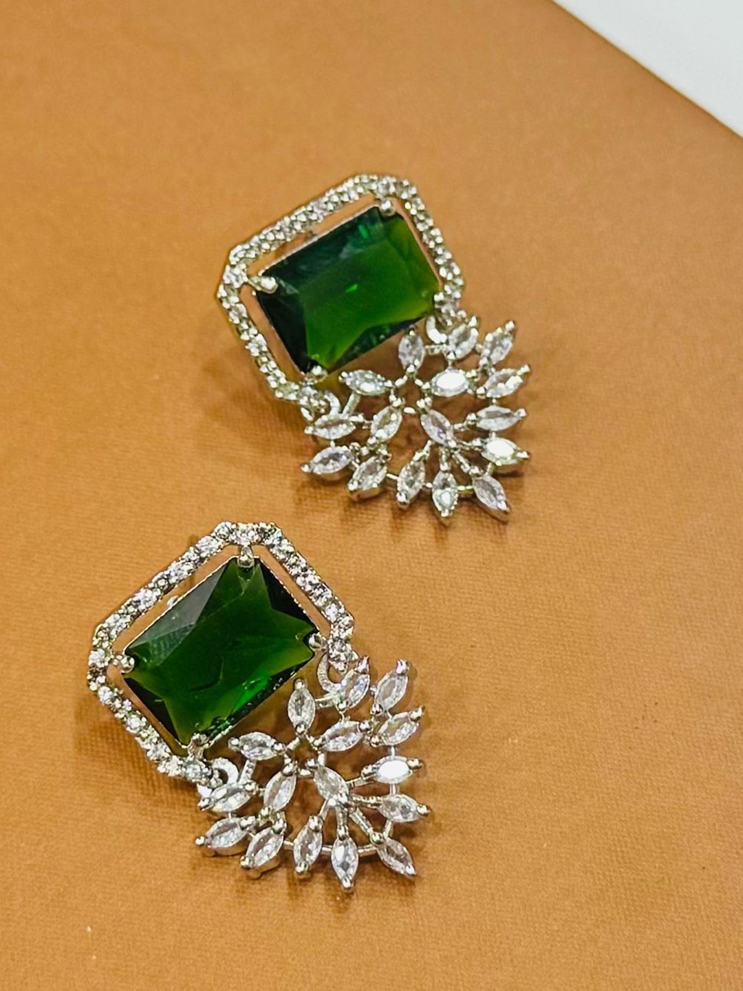 

AKLINA Rhodium-Plated American Diamond Studded Floral Shaped Drop Earrings, Green