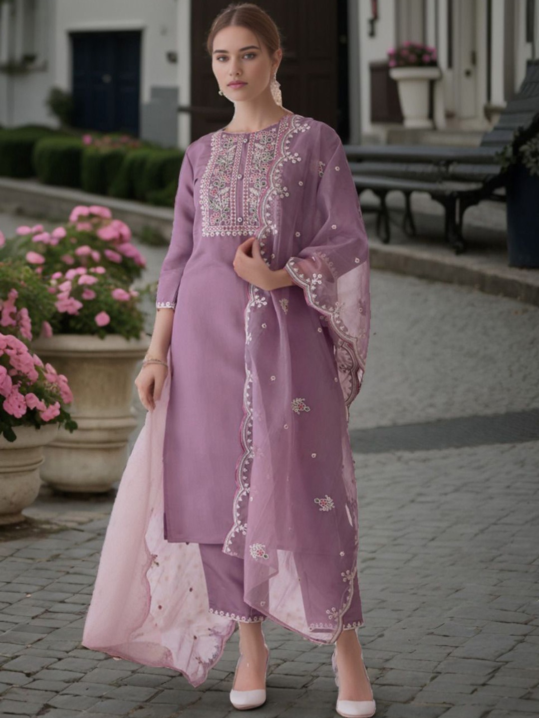 

BLACK SCISSOR Embroidered Thread Work Straight Kurta with Trousers & Dupatta, Lavender