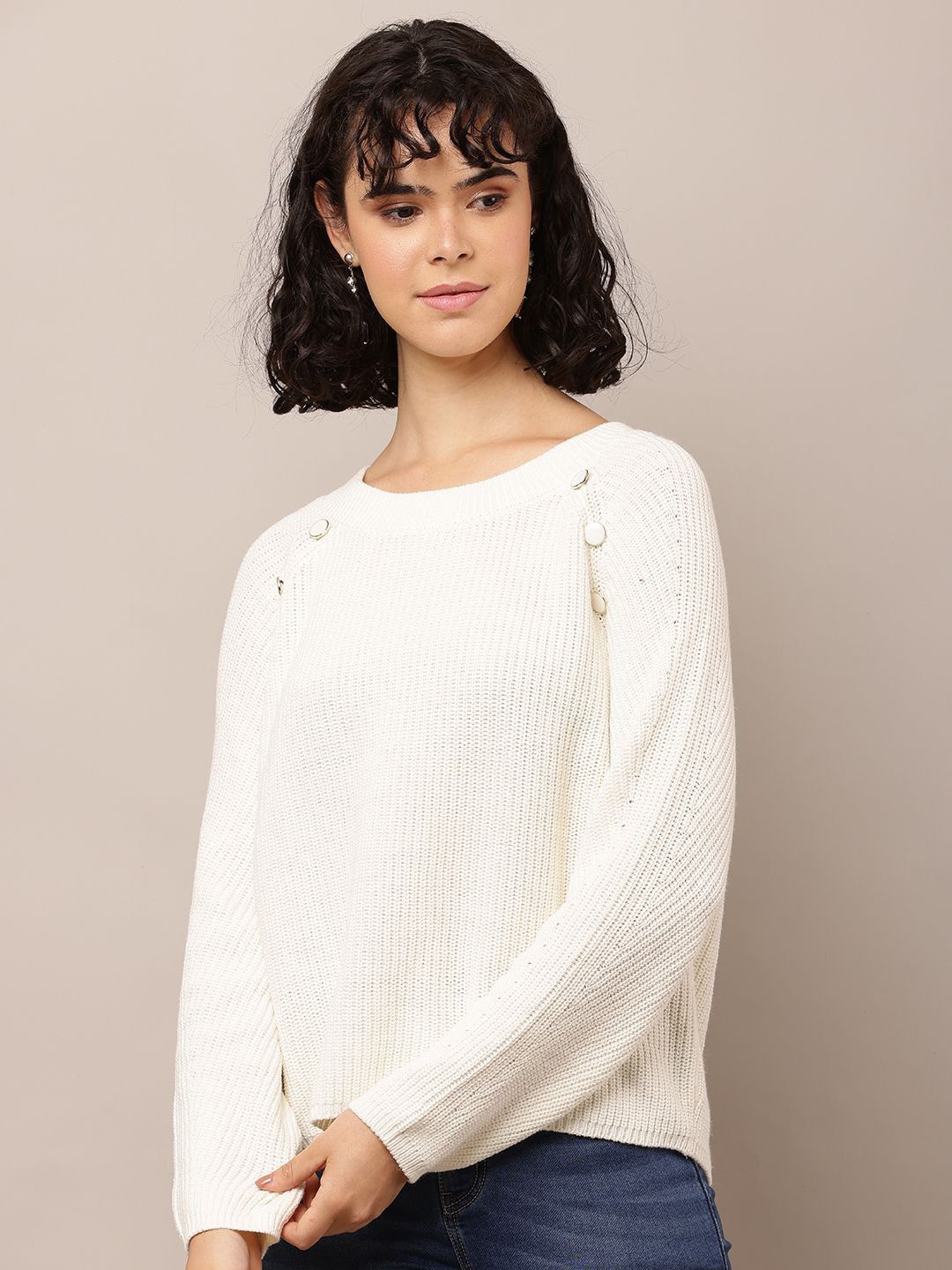 

NoBarr Women Ribbed Cotton Pullover, White