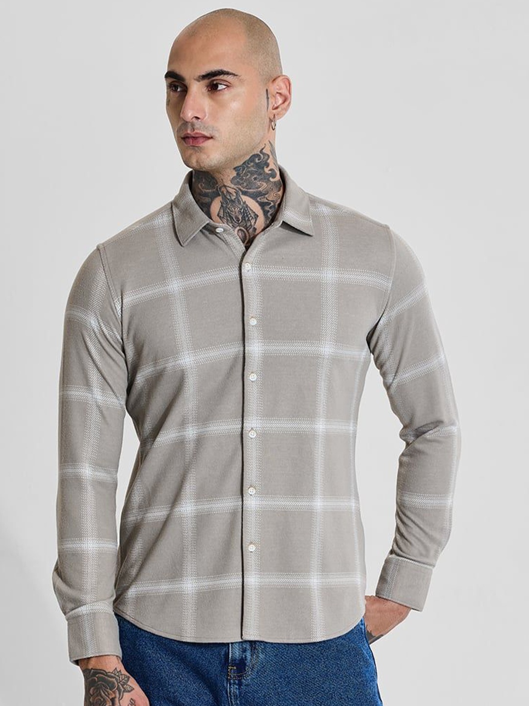 

Snitch Men Smart Fit Spread Collar Buffalo Checked Casual Shirt, Taupe