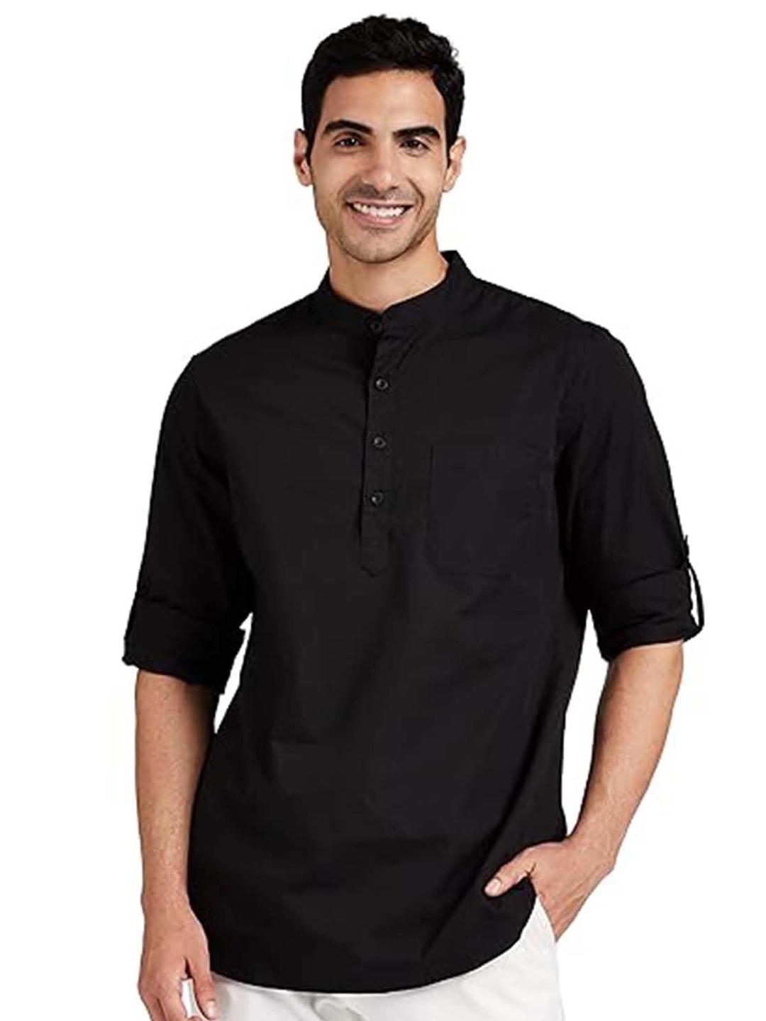 

EdinWolf Men India Slim Fit Mandarin Collar Solid Cotton Casual Shirt, Black