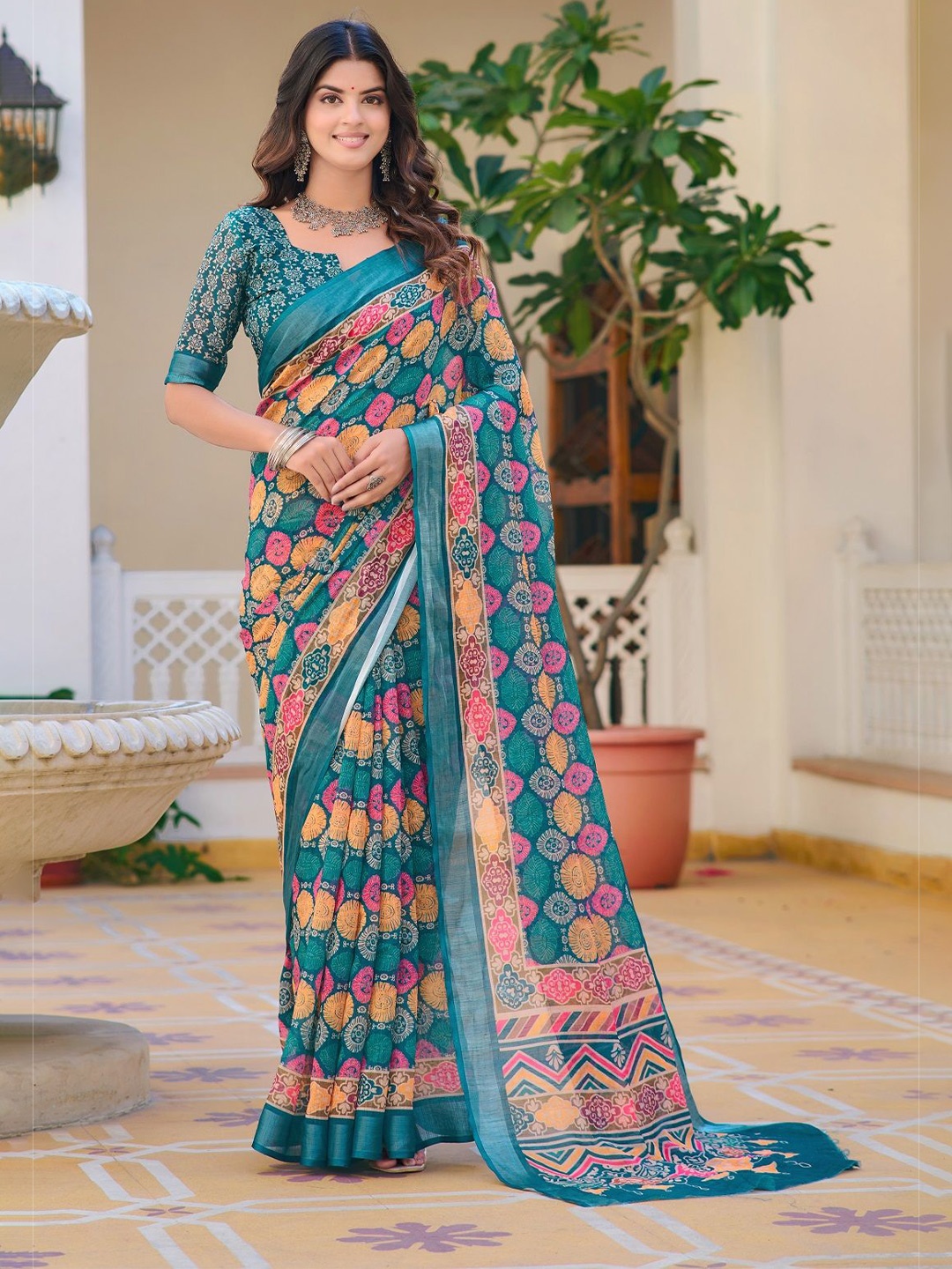 

Nimidiya Floral Printed Zari Pure Cotton Saree, Blue