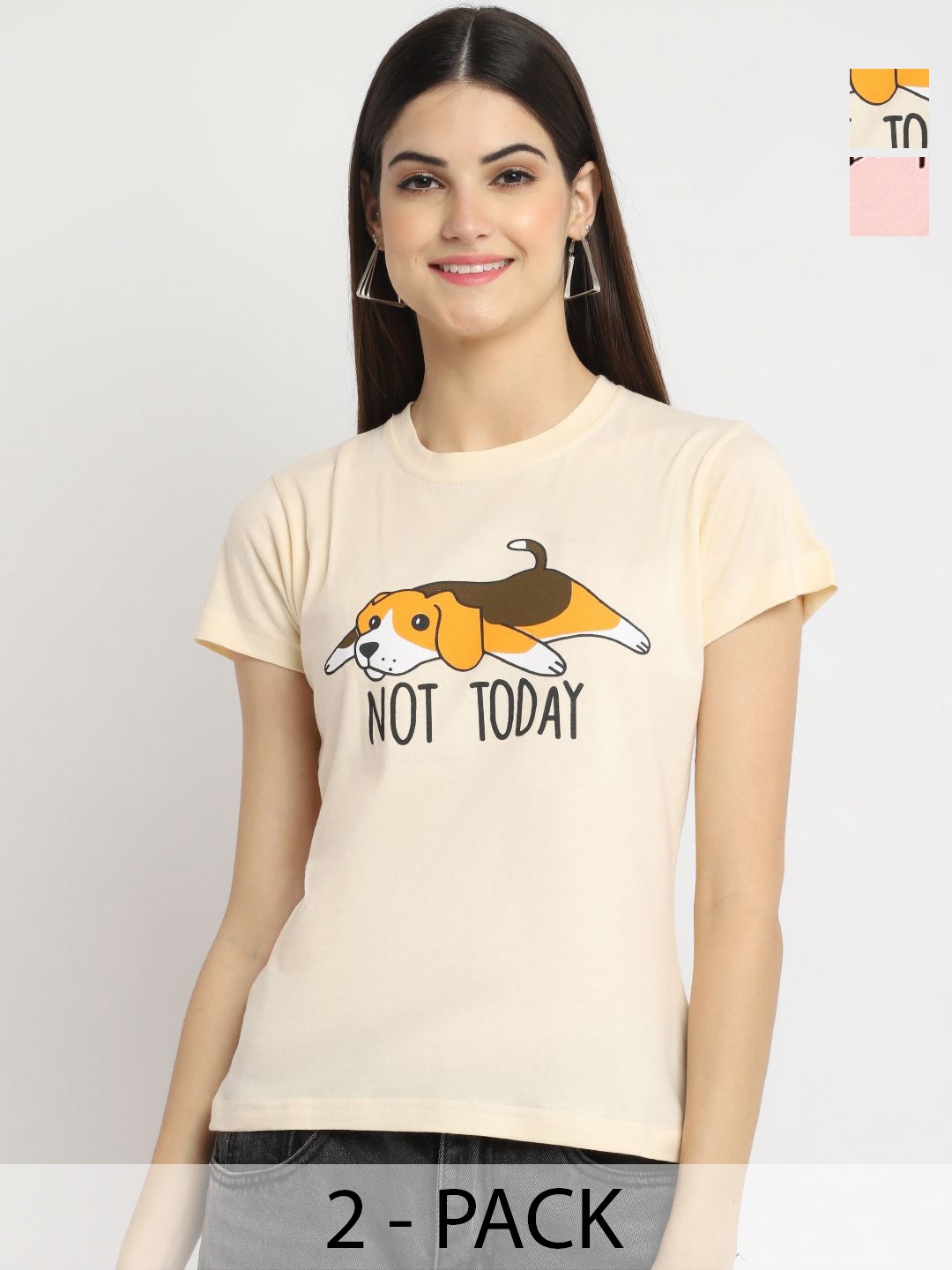 

Tromko Women Pack of 2 Typography Printed Round Neck Cotton Regular Fit T-shirts, Beige