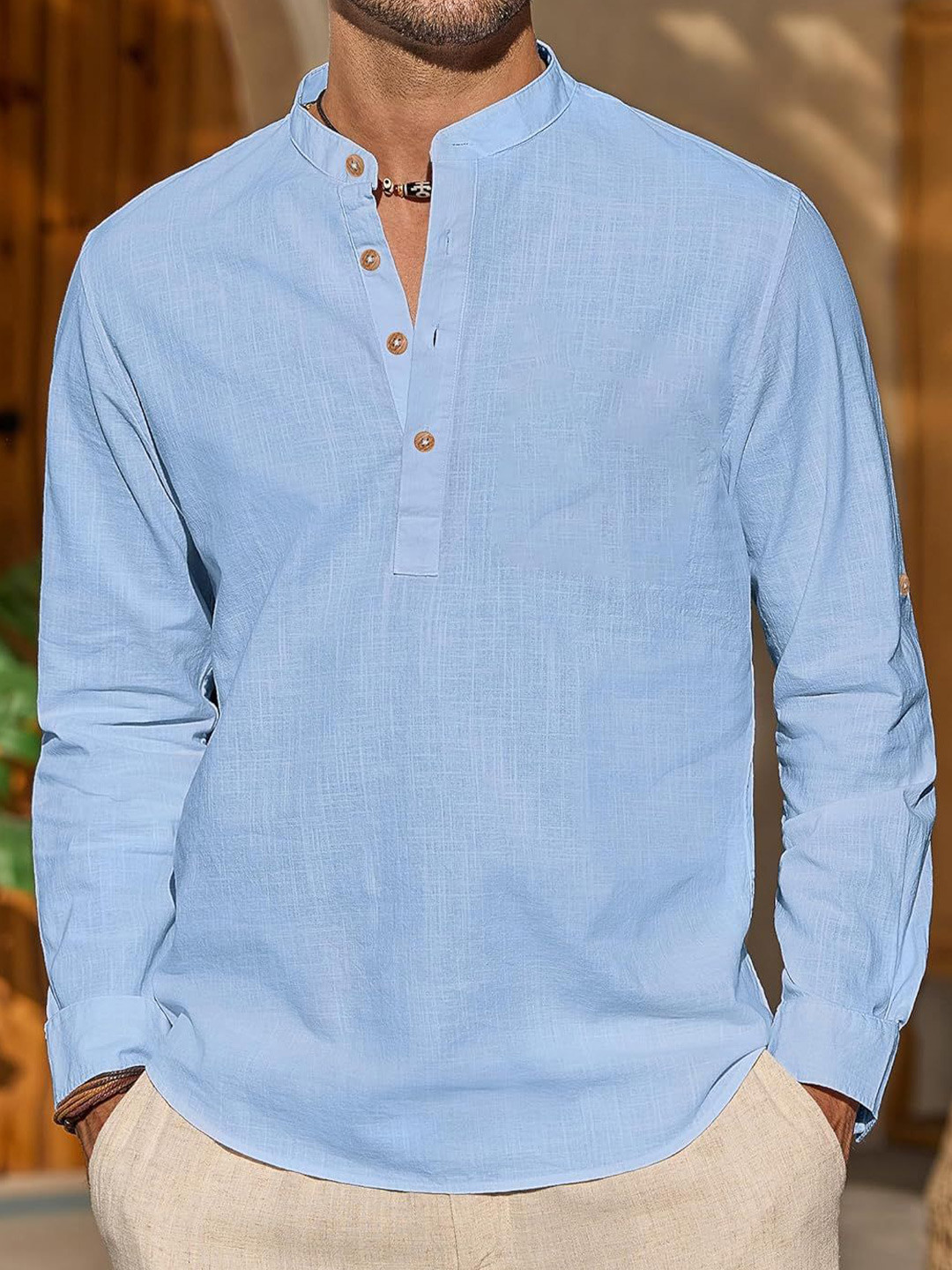 

EdinWolf Men India Slim Fit Band Collar Solid Cotton Casual Shirt, Blue