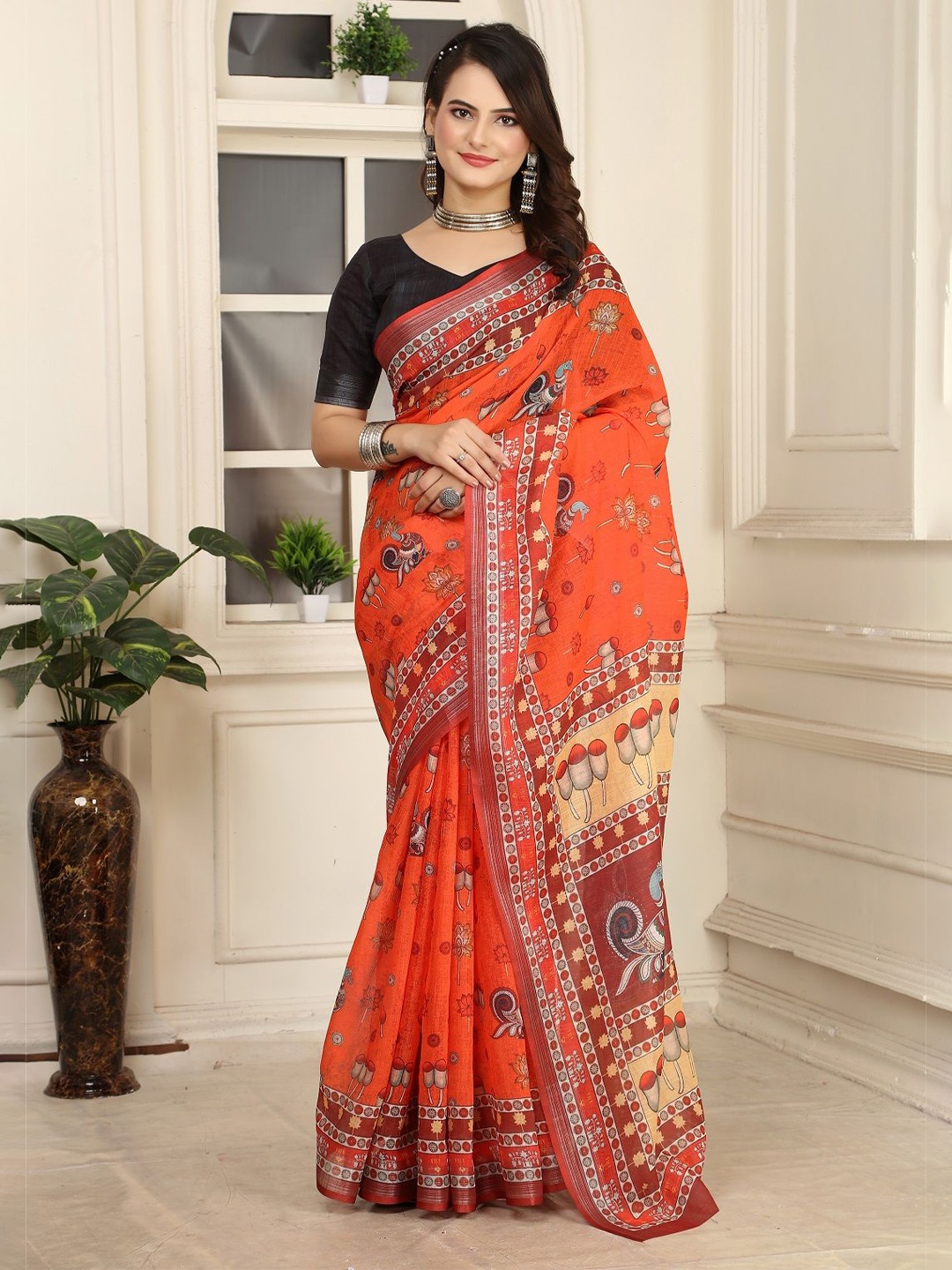 

Nimidiya Ethnic Motifs Printed Pure Cotton Saree, Orange