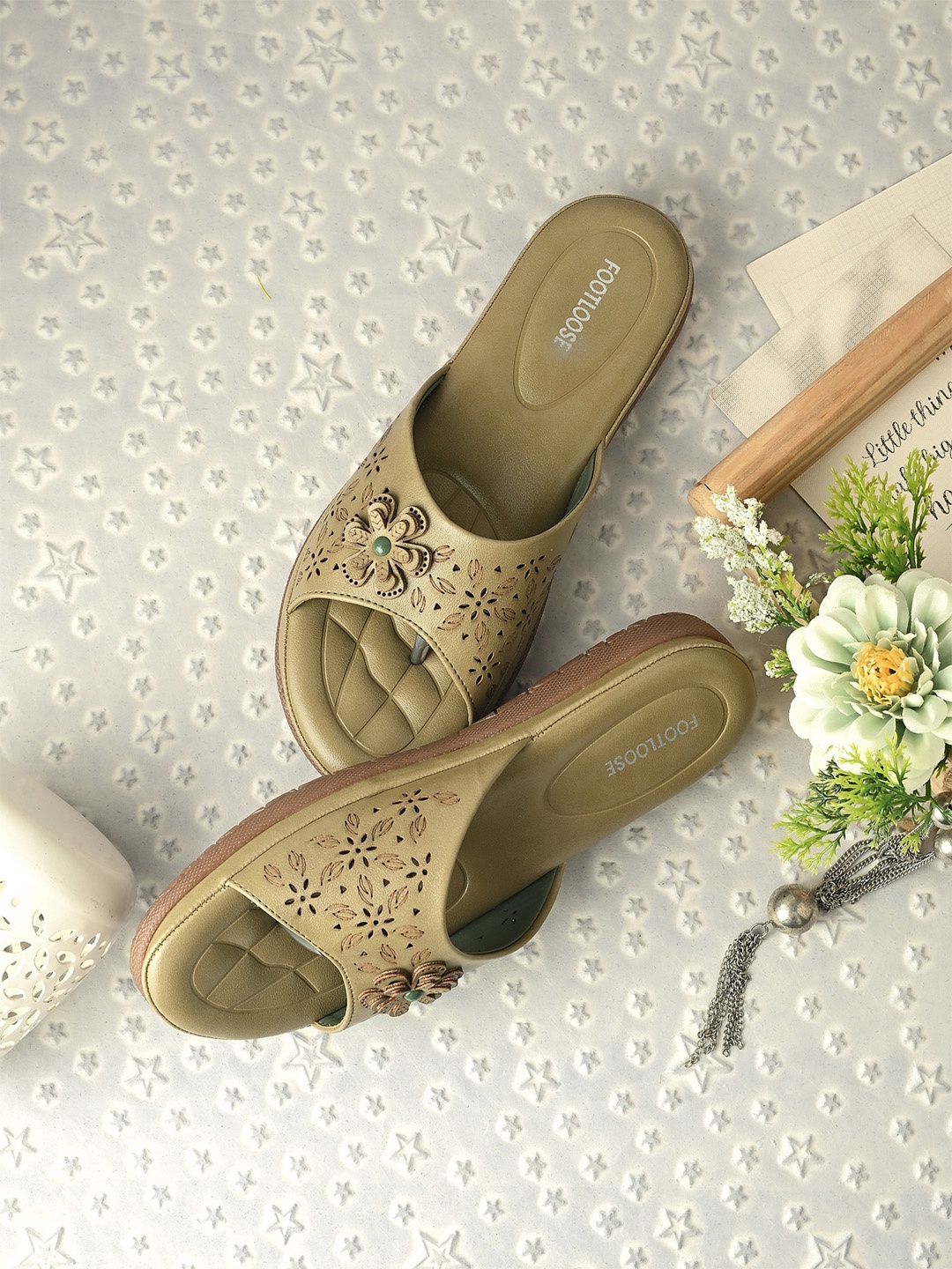 

FOOTLOOSE Women Woven Design Open Toe Flats with Laser Cuts, Green