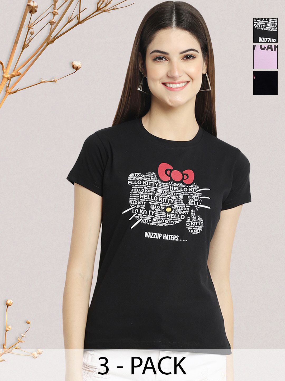 

GLOBAL NOMAD Women Pack of 3 Typography Printed Round Neck Cotton T-shirts, Black