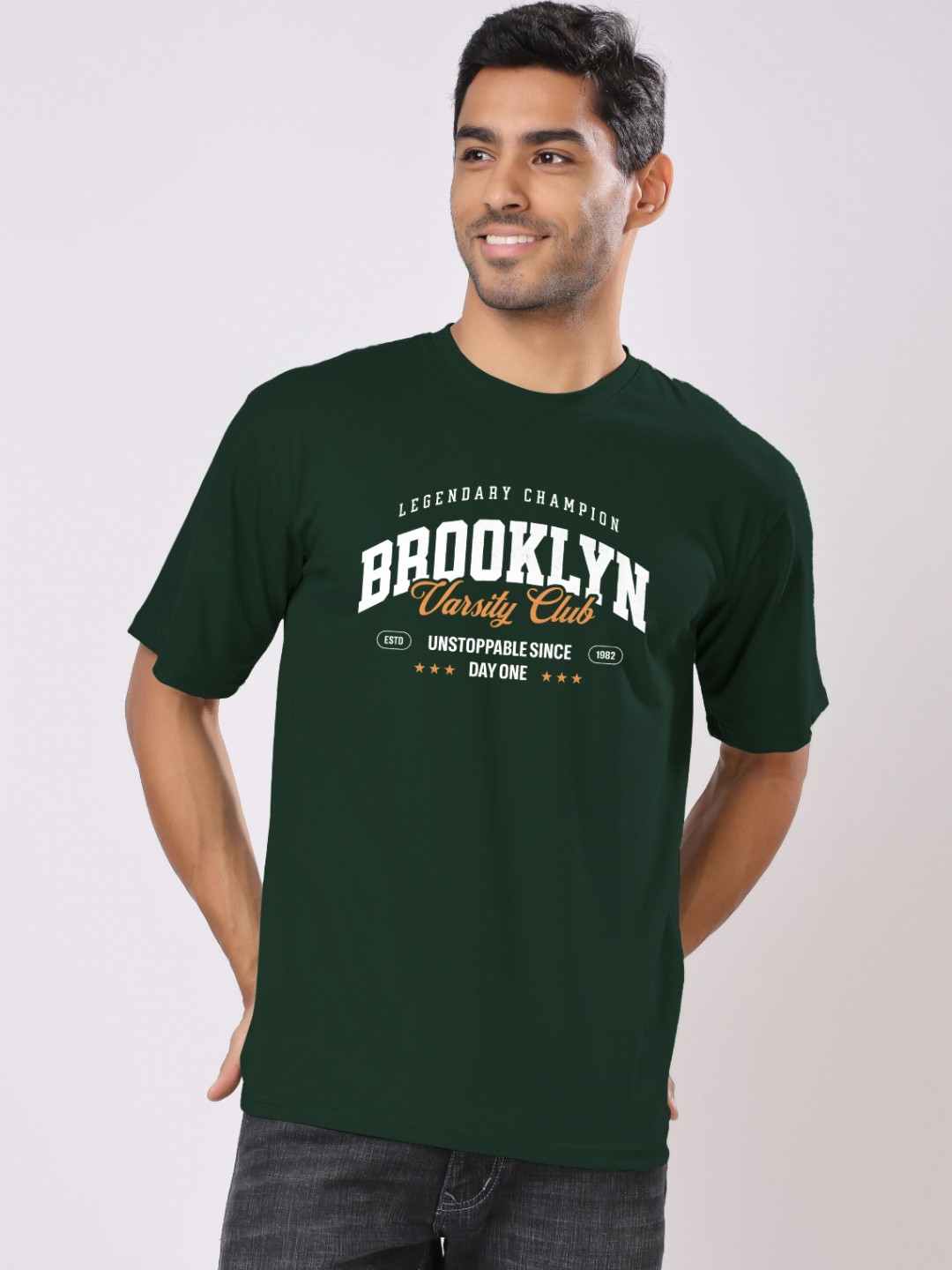 

London Hills Men Typography Printed Round Neck Cotton Oversized T-shirt, Green