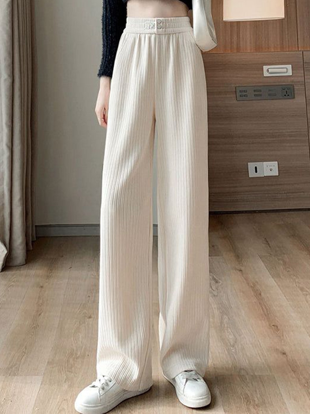 

Outzidr Women Mid Rise Wide Leg Trousers, Beige