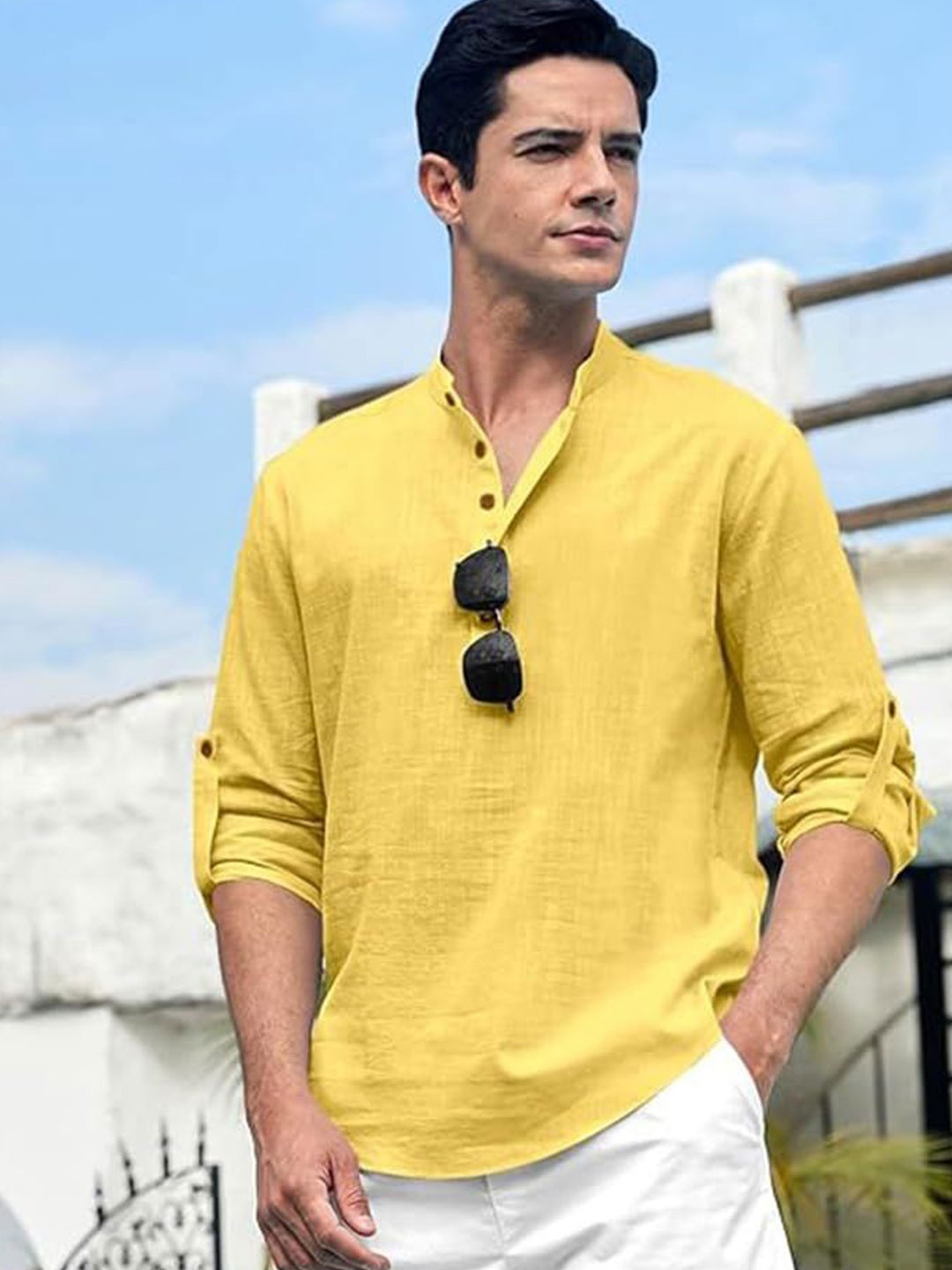 

EdinWolf Men India Slim Fit Band Collar Solid Cotton Casual Shirt, Yellow
