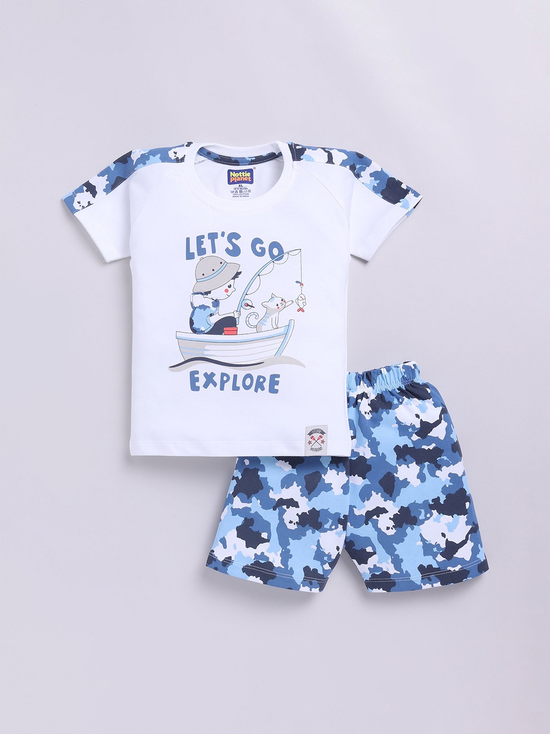 

Nottie Planet Boys Printed Round Neck Pure Cotton T-shirt with Shorts, Blue